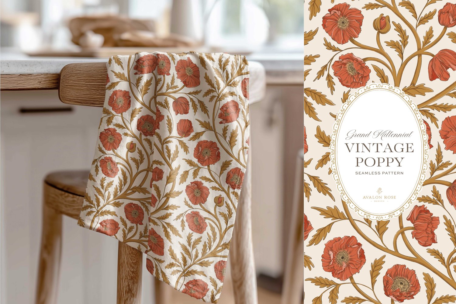 Vintage-inspired seamless surface pattern in a hand-drawn heritage style featuring glorious climbing and swirling poppy flowers in gold and red orange on cream.