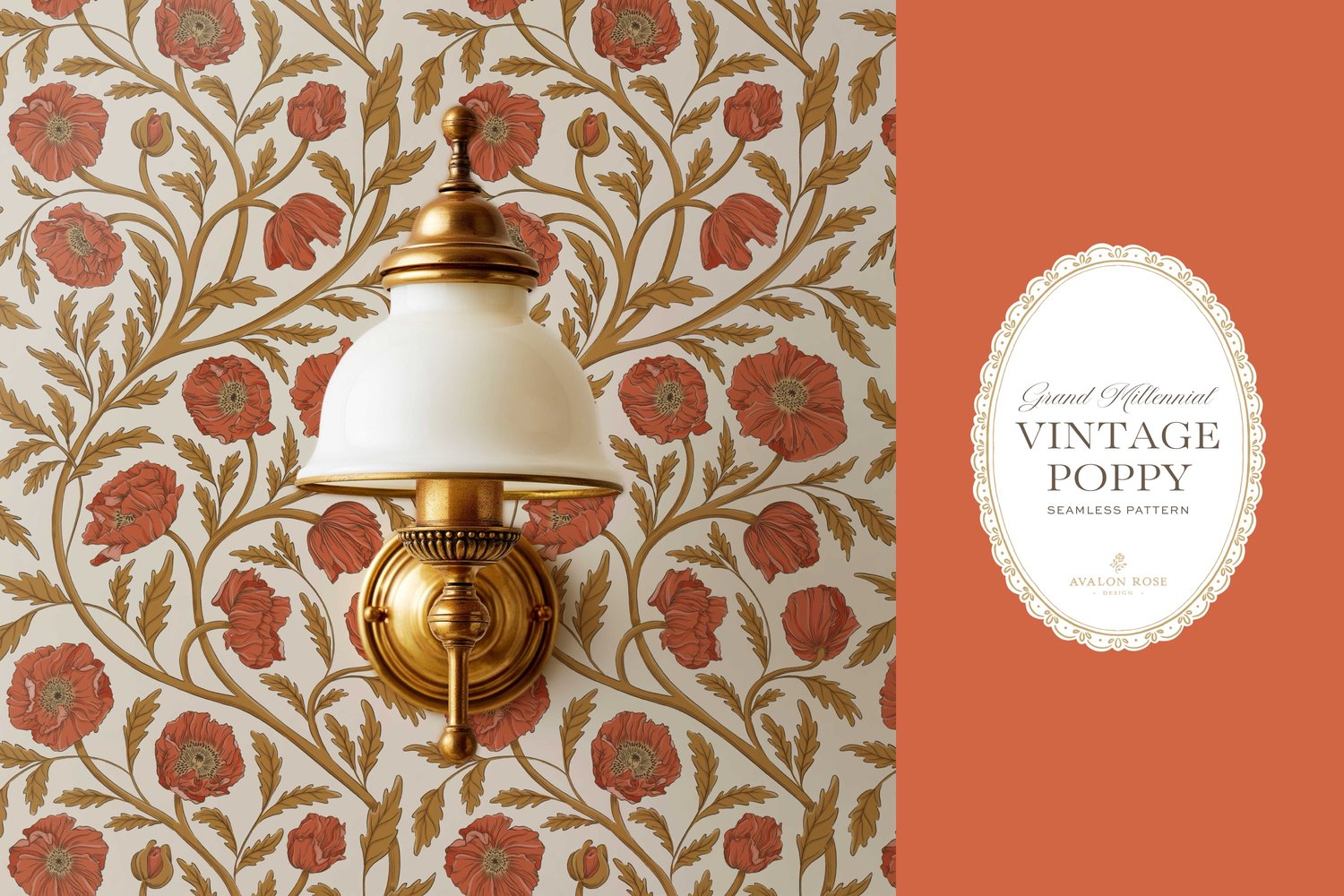 Vintage-inspired seamless surface pattern in a hand-drawn heritage style featuring glorious climbing and swirling poppy flowers in gold and red orange on cream.