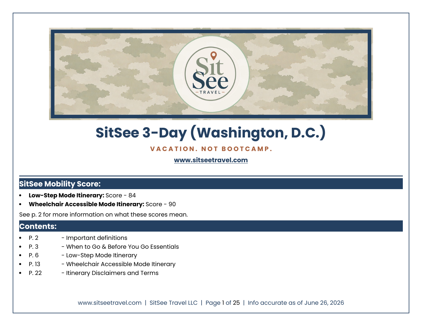 Cover of the SitSee low-step and wheelchair-accessible 3-day Washington DC itinerary
