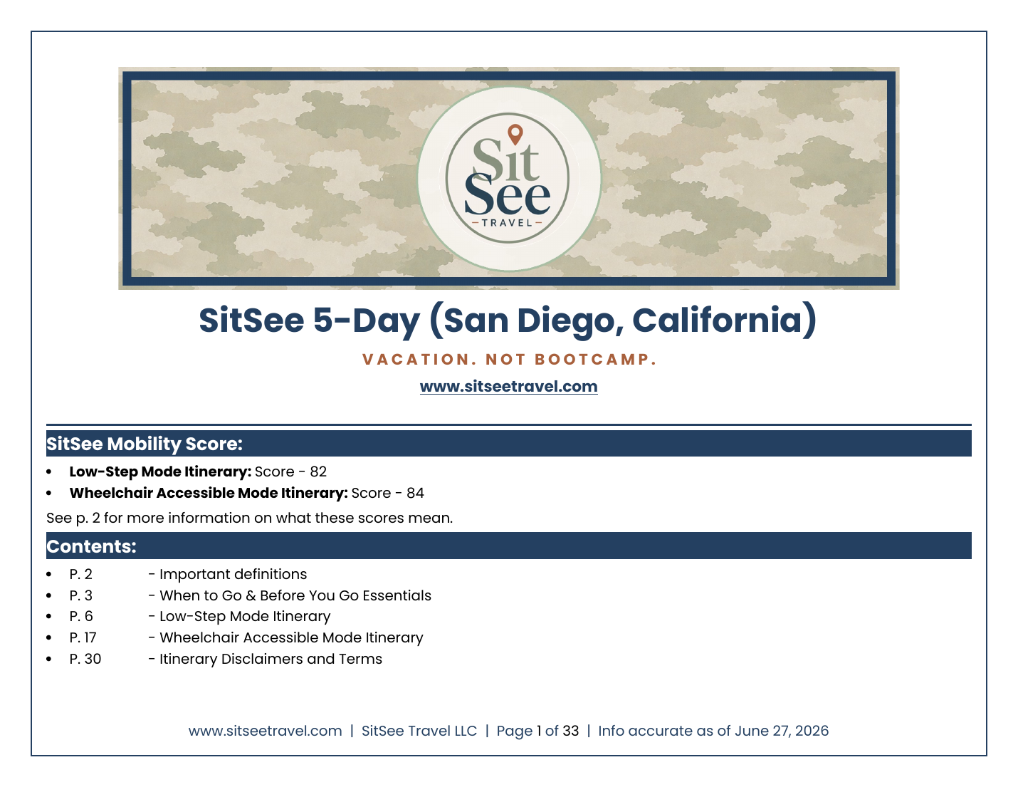 Cover of the SitSee low-step and wheelchair-accessible 5-day San Diego itinerary