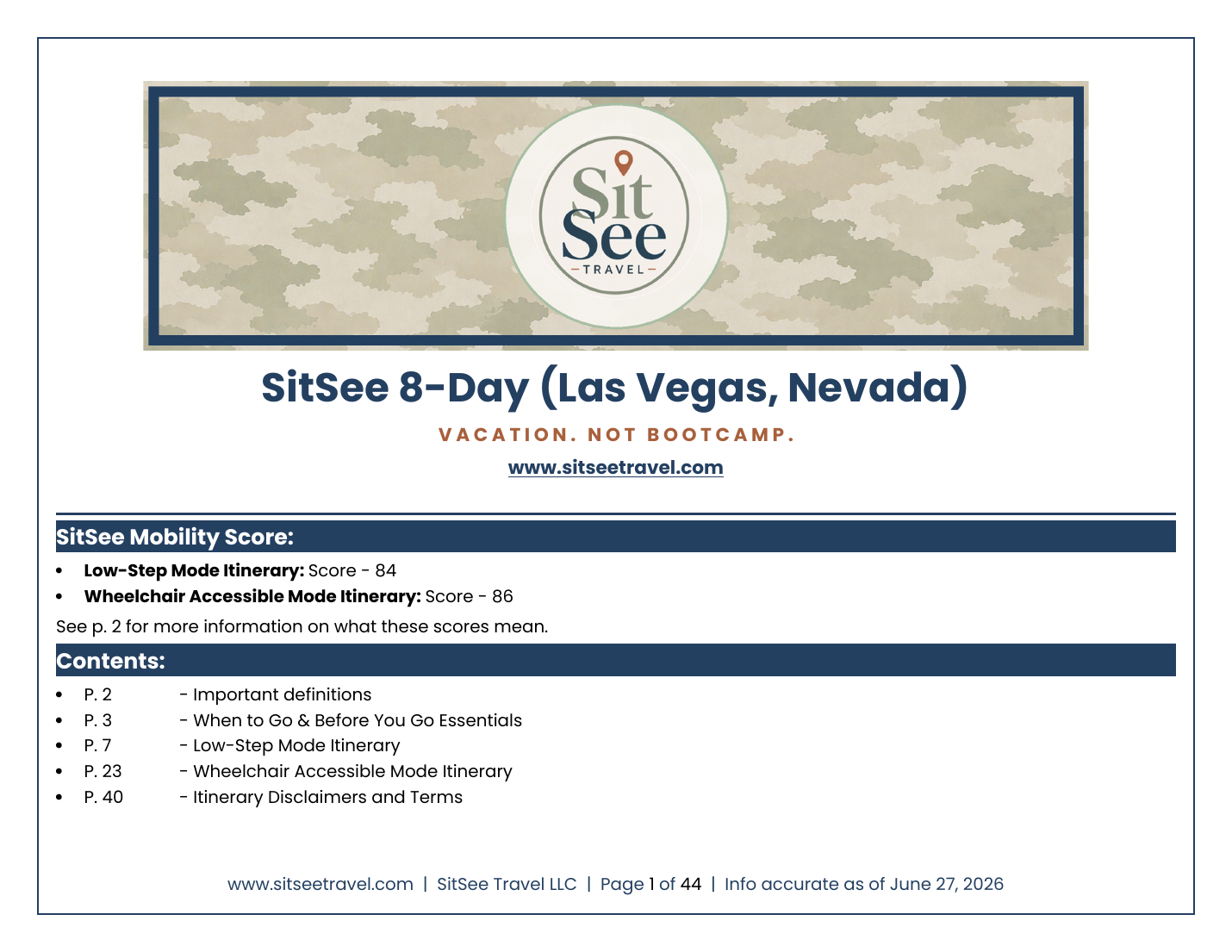 Cover of the SitSee low-step and wheelchair-accessible 8-day Las Vegas itinerary