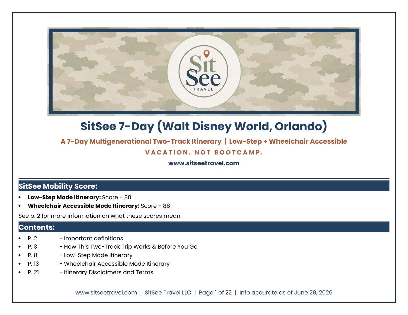 Cover of the SitSee 7-day multigenerational Walt Disney World two-track itinerary