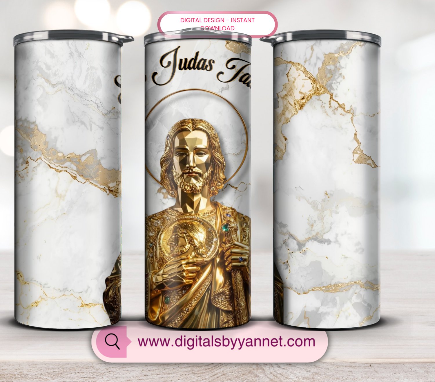 Saint Jude skinny tumbler wrap with elegant marble background.