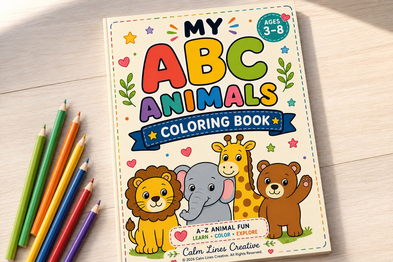 Colorful ABC animal coloring book cover for kids ages 3-8 with cute animals and colored pencils