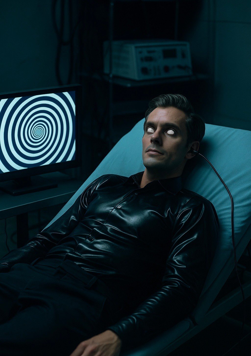 Hypnotized man hooked up to ekg with spiral on screen