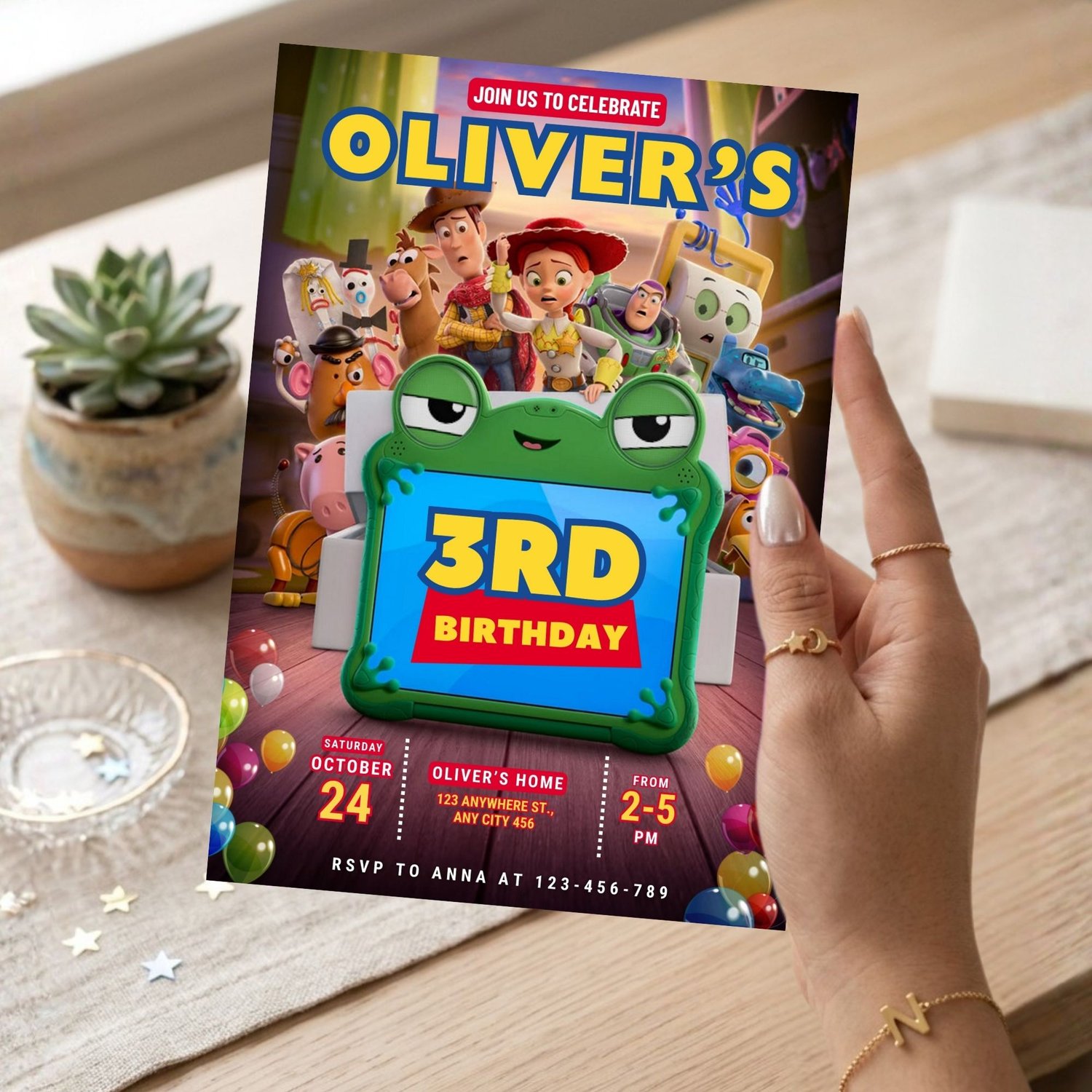 Printable Toy Story 5 party invitation with vibrant birthday design, personalized kids birthday invite template for Canva and digital download.
