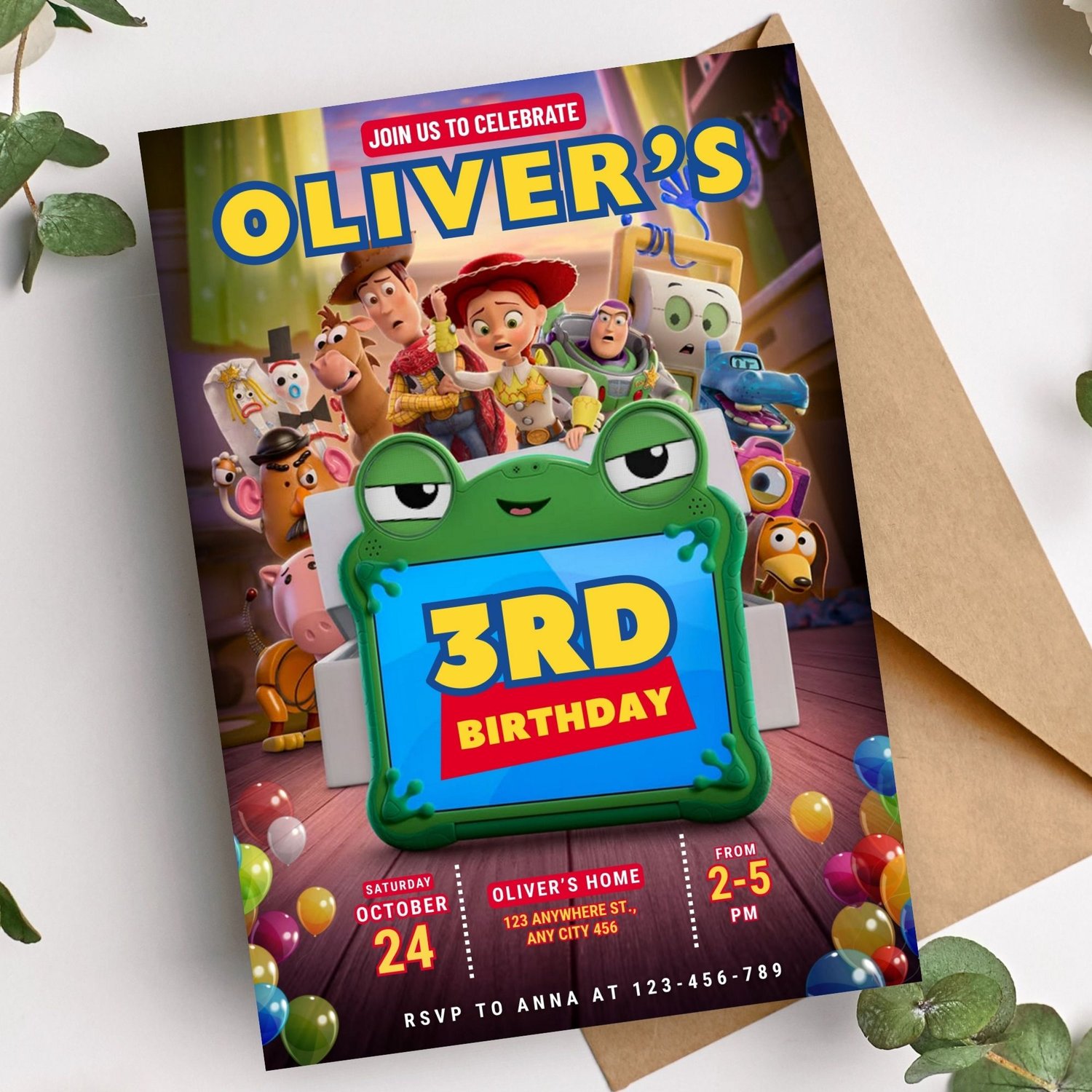 Toy Story birthday invitation digital download displayed in a realistic mockup, editable Canva invitation template for kids birthday party.