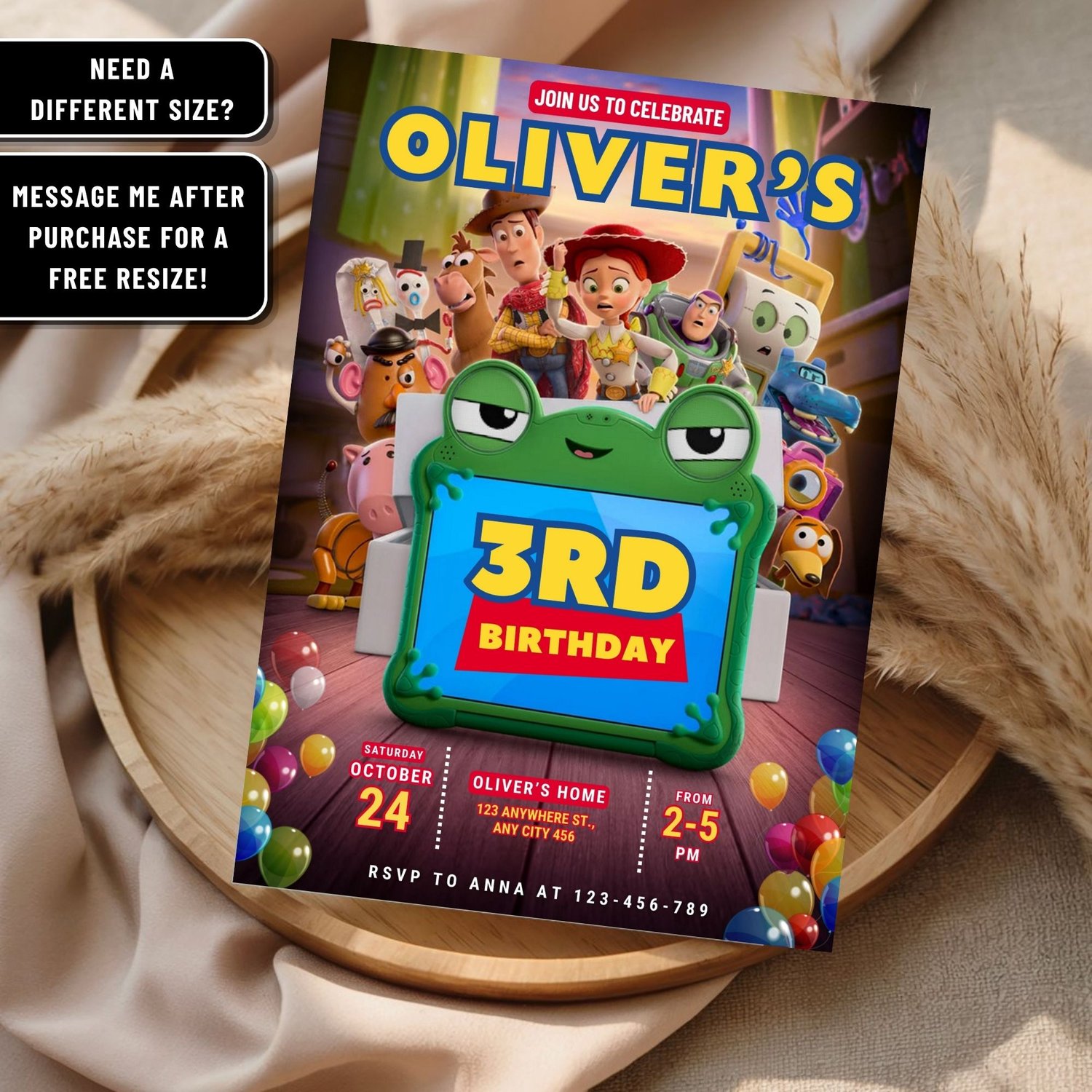 Editable Toy Story birthday party invitation template showing customizable name, age, date, time, and location using Canva with instant digital download.