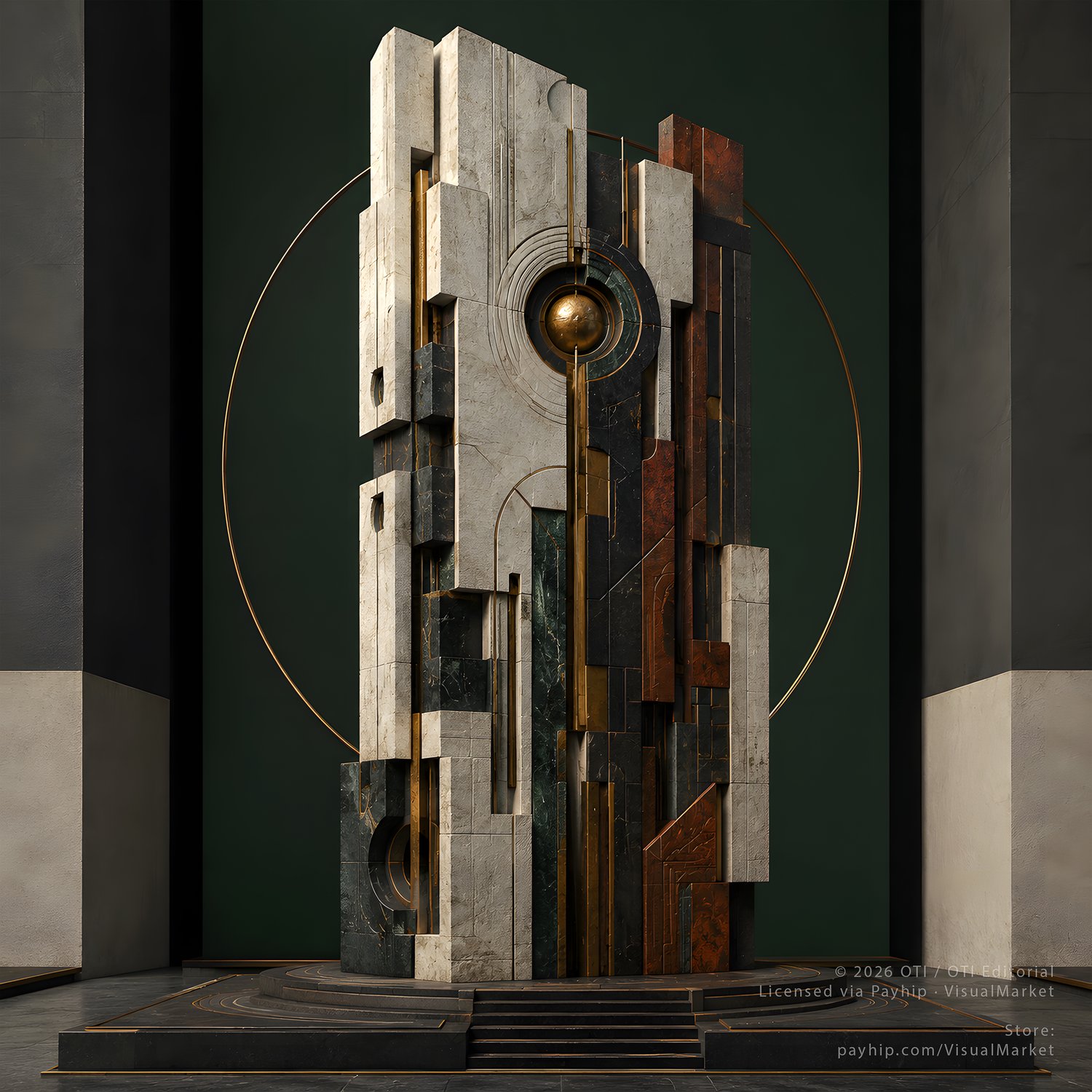 Monumental abstract architectural sculpture artwork with stacked marble, black stone, copper, green panels, gold lines, and a central glowing orb.
