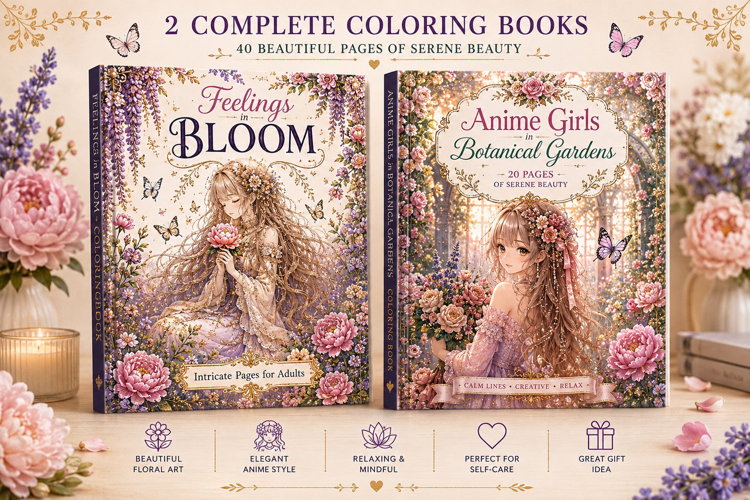 Blooming Dreams coloring bundle with two botanical anime coloring books and printable pages
