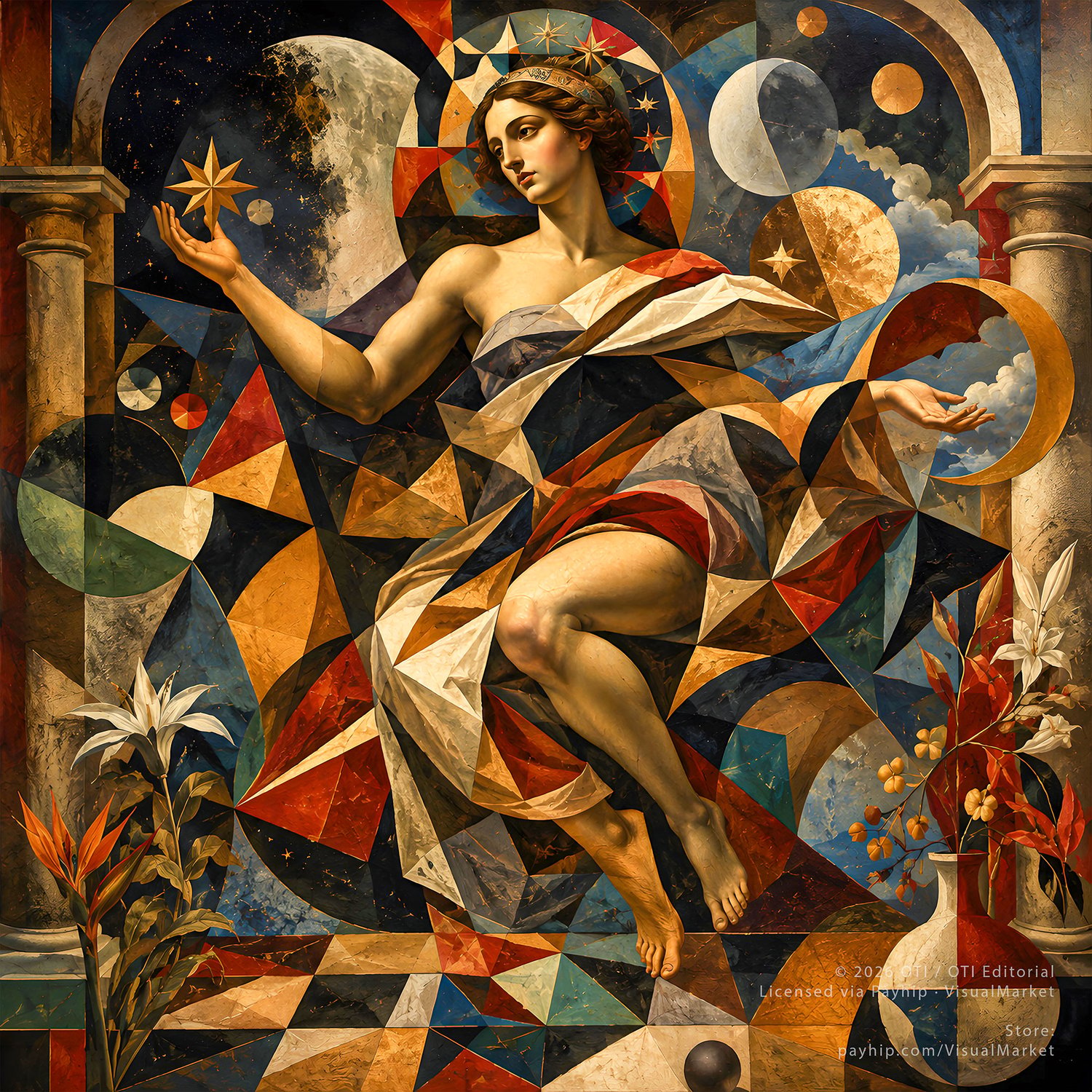 Luxury celestial abstract art bundle featuring gold-accented goddess portraits, mythic black panther royalty, cubist classical figures, moon phases, sacred geometry, deep crimson, teal, ivory, and black museum-style artwork.