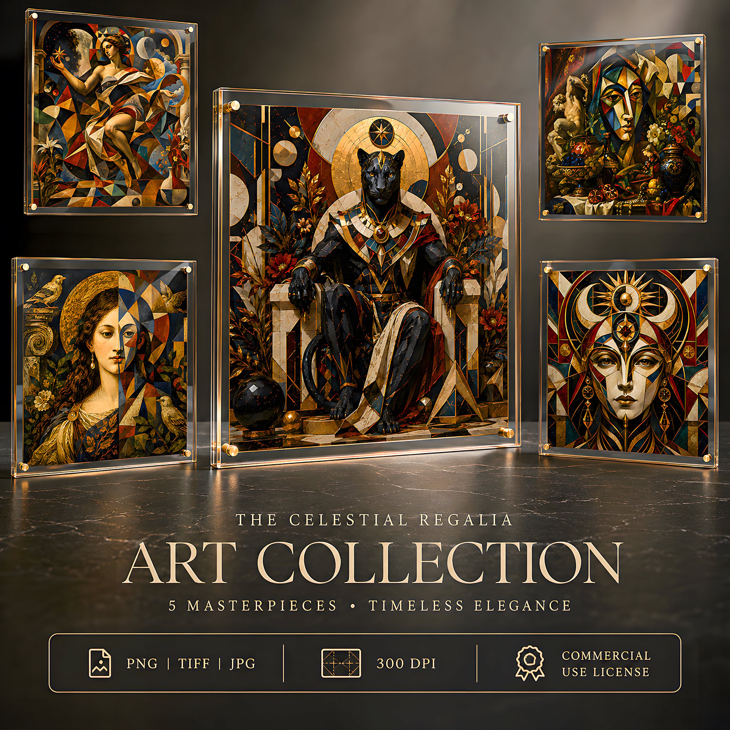Luxury celestial abstract art bundle featuring gold-accented goddess portraits, mythic black panther royalty, cubist classical figures, moon phases, sacred geometry, deep crimson, teal, ivory, and black museum-style artwork.