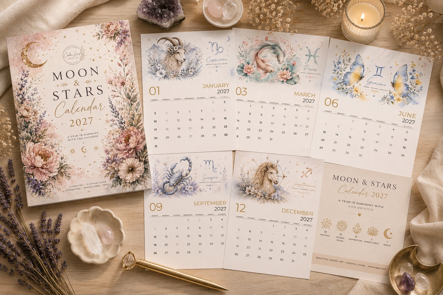Moon & Stars 2027 printable astrology calendar featuring multiple zodiac months in a cozy lifestyle flat lay.