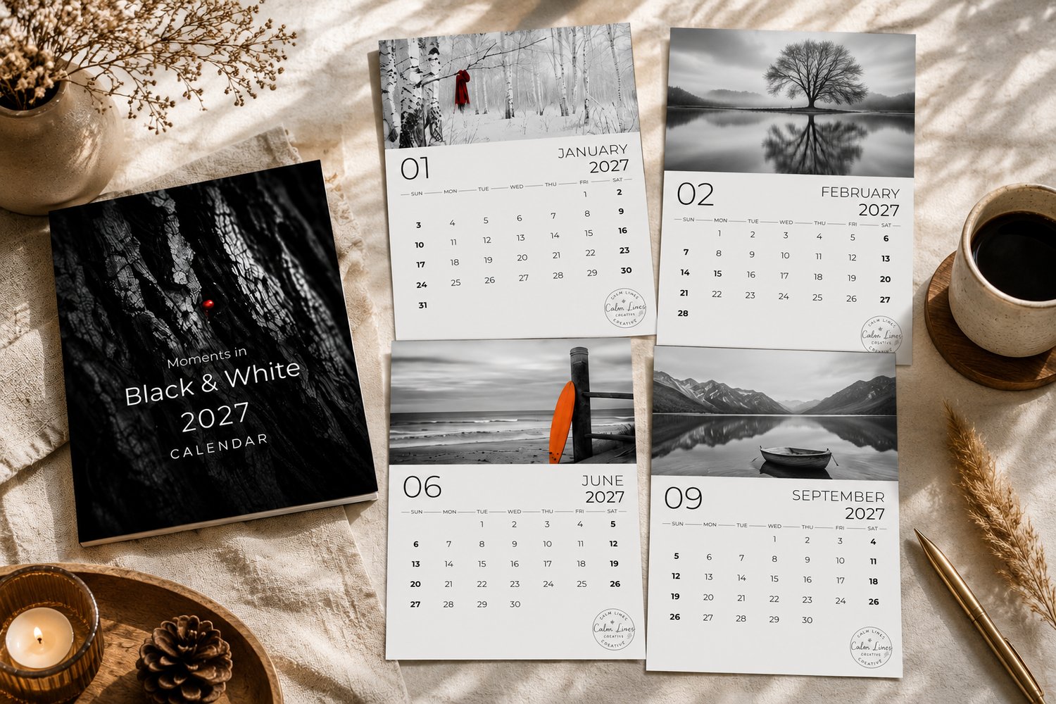 Preview of multiple printable 2027 photography calendar pages in black and white with selective color accents.