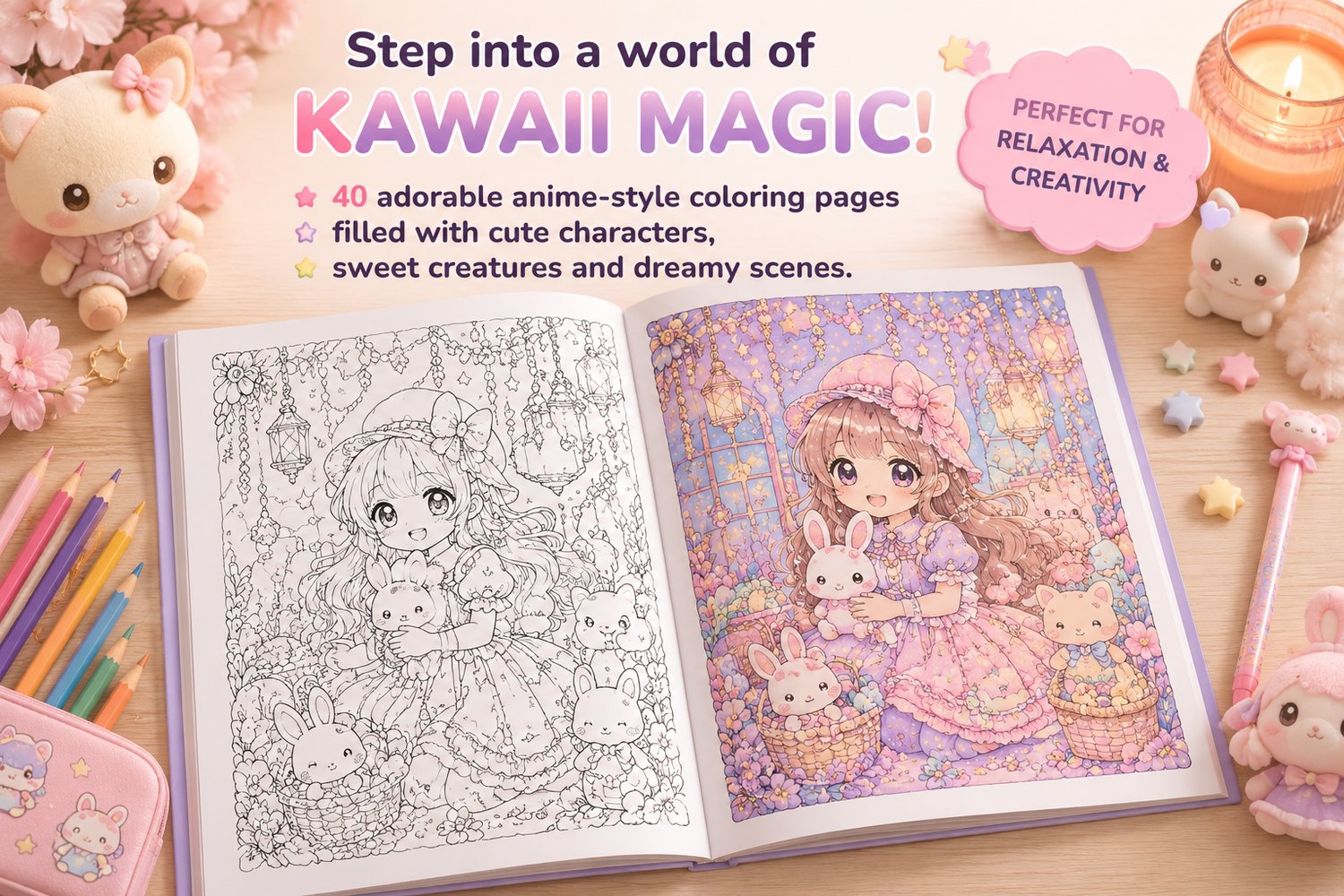 Kawaii Anime Coloring Book preview showing the book cover, two sample coloring pages, colored pencils and cute pastel desk accessories. Printable coloring book for teens and adults.