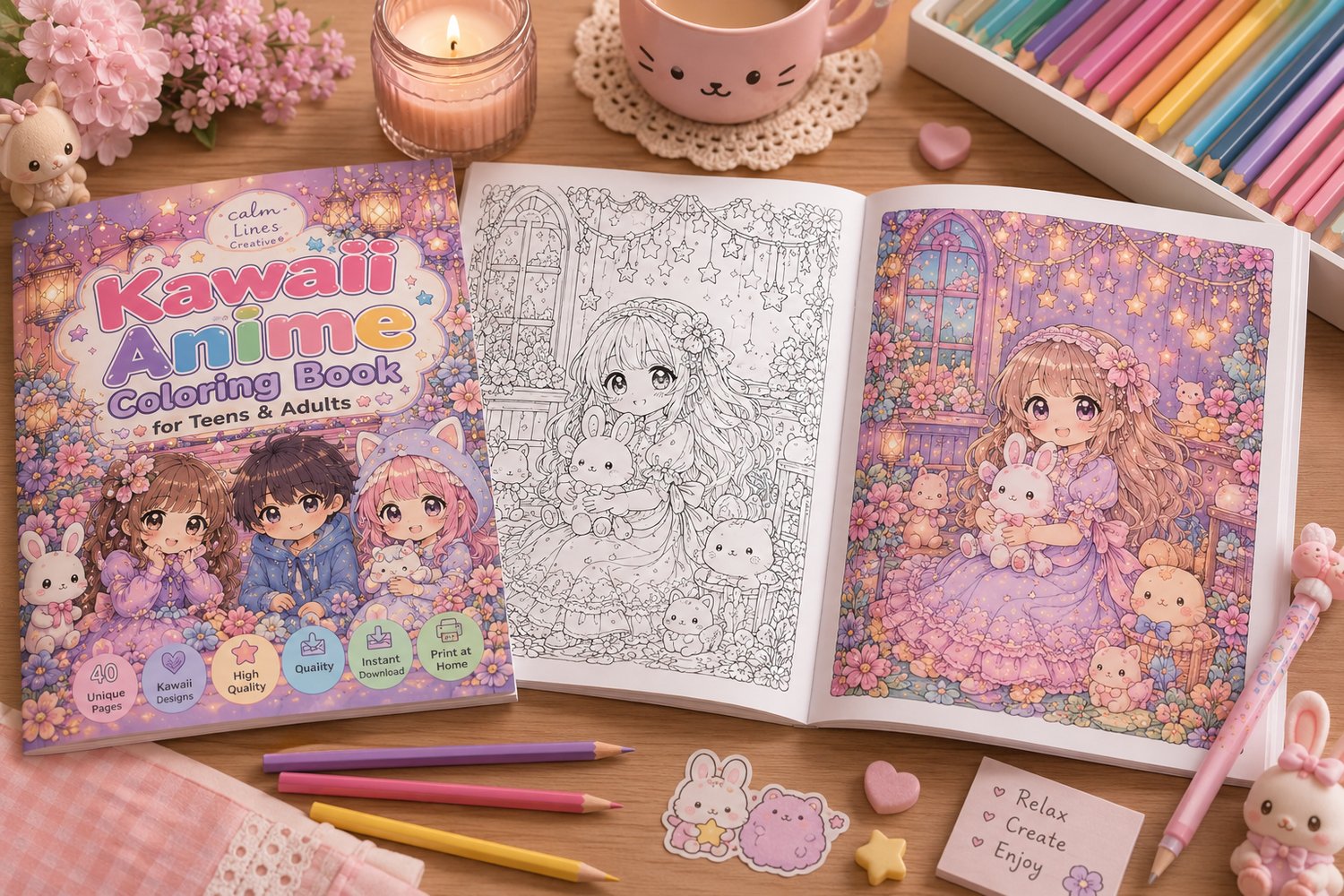Kawaii Anime Coloring Book mockup with an open coloring page, a finished colored page, pastel pencils, cute bunny mug and cozy pink desk accessories.