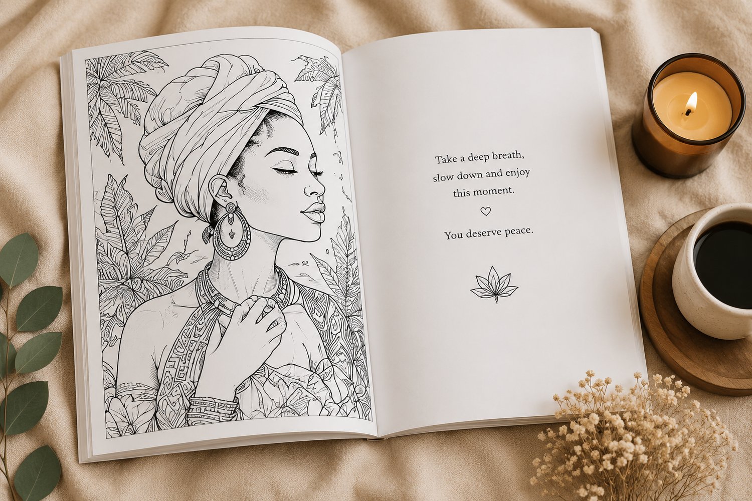 Open adult coloring book mockup with an African-inspired woman coloring page, calming quote page, candle, coffee and natural beige decor.