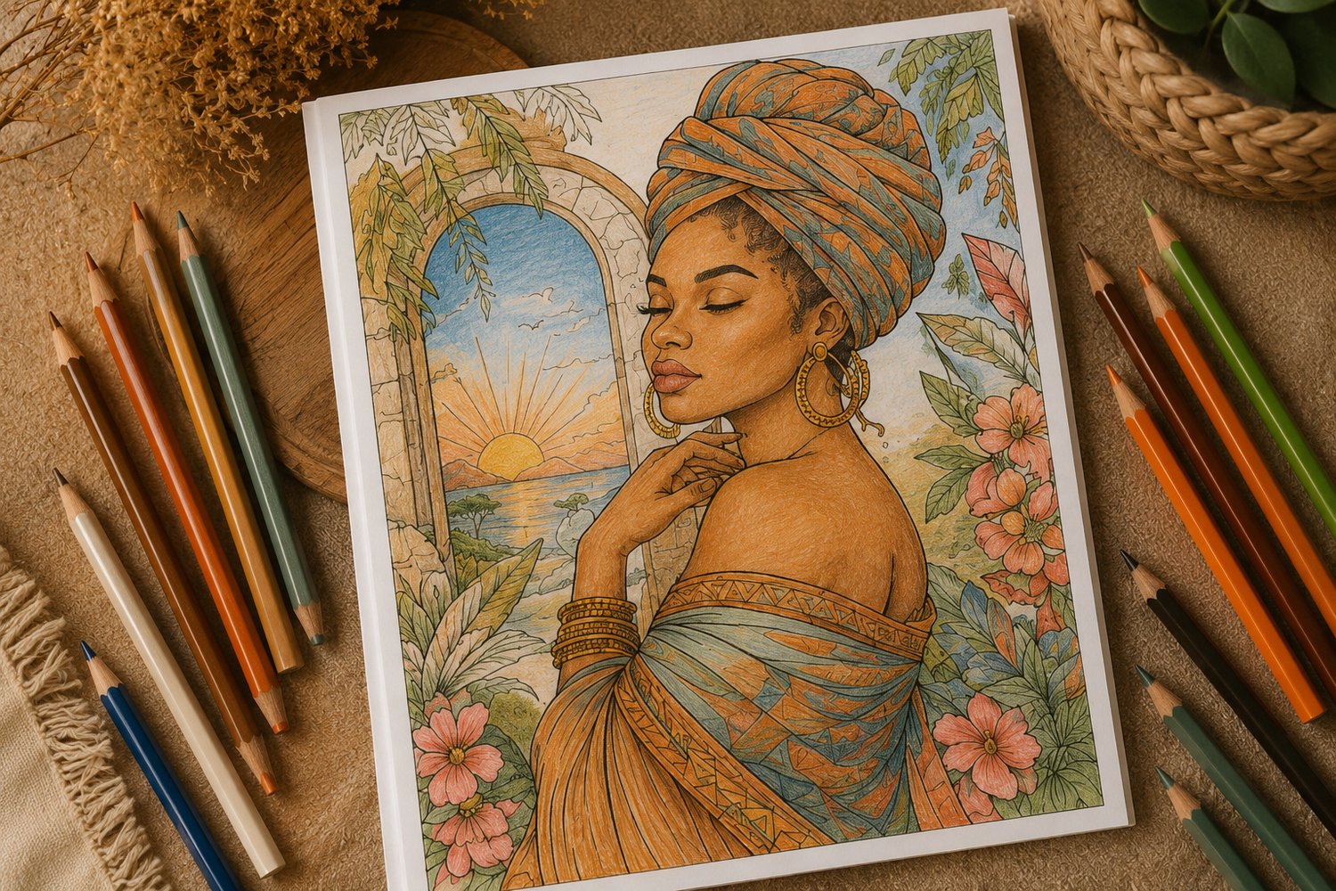 Colored African-inspired woman coloring page with headwrap, sunset landscape, tropical flowers and warm earth-tone colored pencils.