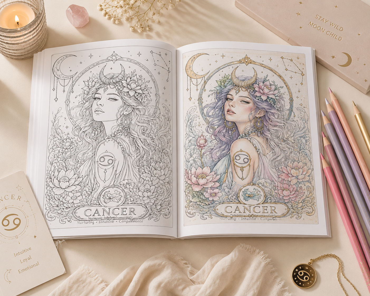 Zodiac coloring book mockup showing an open Cancer page in grayscale beside the same page softly colored in pastel pencils, with candle, colored pencils and celestial decor.