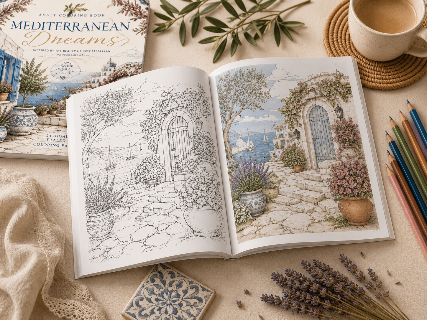 Mediterranean windmill coloring page with whitewashed coastal windmills, blue doors, a stone path, flowering bougainvillea, lavender pots and a peaceful sea view.