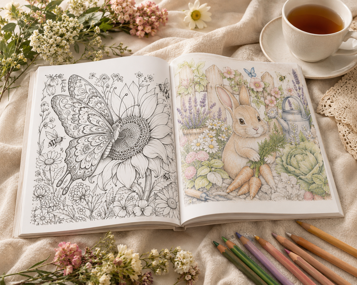 Open Cottage Garden coloring book with colored pencils, tea cup, and butterfly page