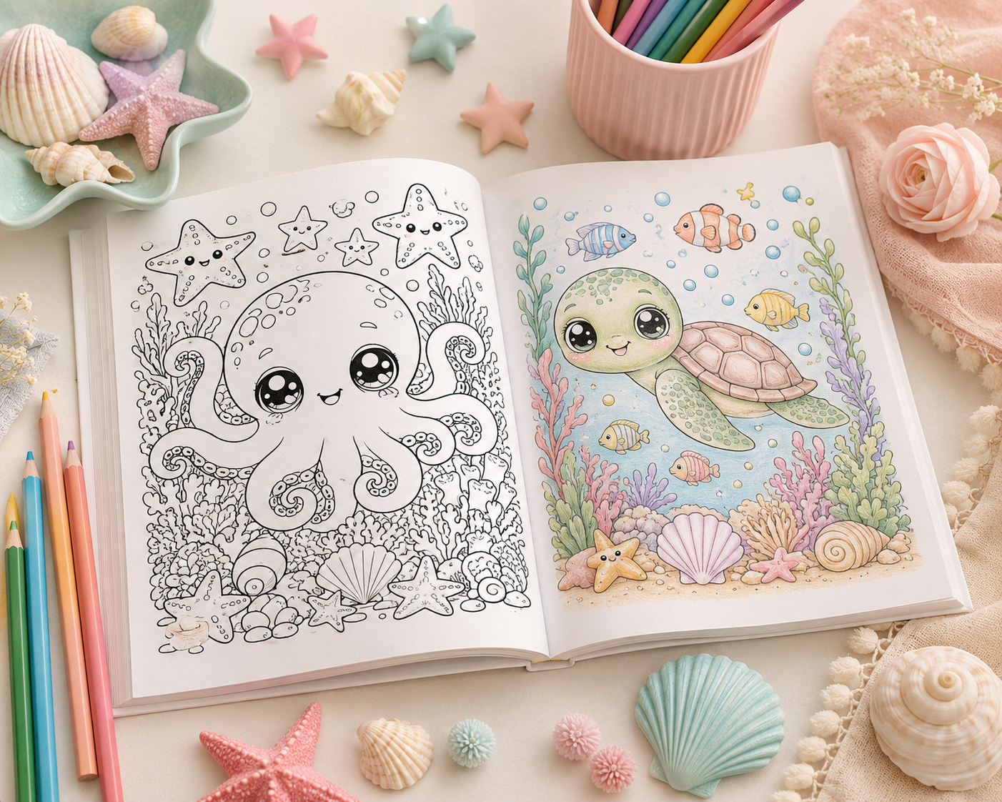 Kawaii animal coloring book mockup showing an open book with an uncolored octopus page and a softly colored sea turtle page, surrounded by pastel pencils, seashells and starfish.