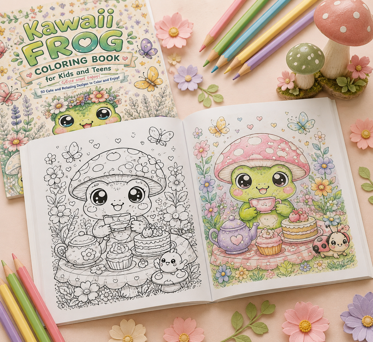 Kawaii Frog Coloring Book mockup showing an open book: left page is a black-and-white frog tea-party coloring page, right page is a softly colored frog under a mushroom. Surrounded by colored pencils, small flowers and mushrooms on a pastel pink backgroun
