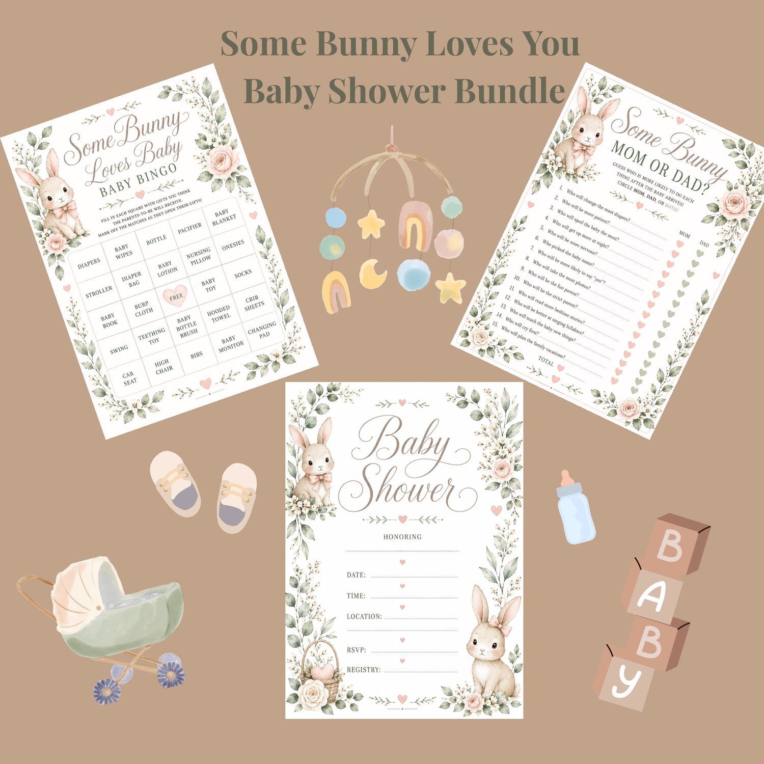 Gender neutral bunny themed baby shower bundle featuring elegant woodland watercolors and soft colors.