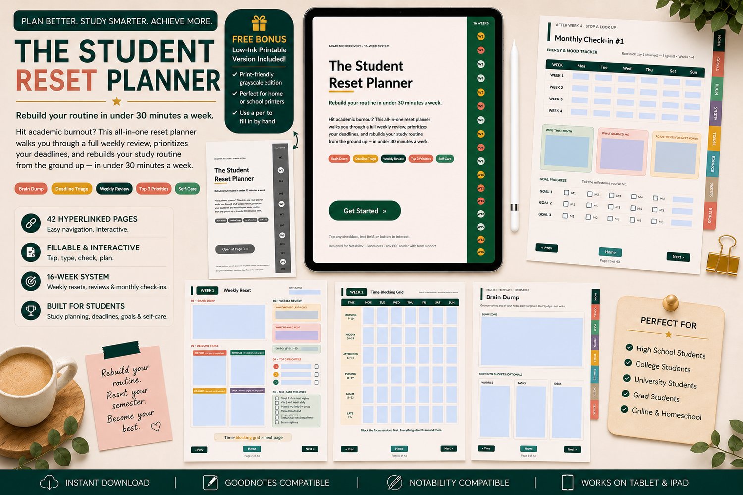 A clean, premium flat-lay mockup of The Student Reset Planner on a light wood desk. An iPad at the center displays the planners interactive cover page, surrounded by printed planner pages including a weekly reset, time-blocking grid, brain dump, and mont