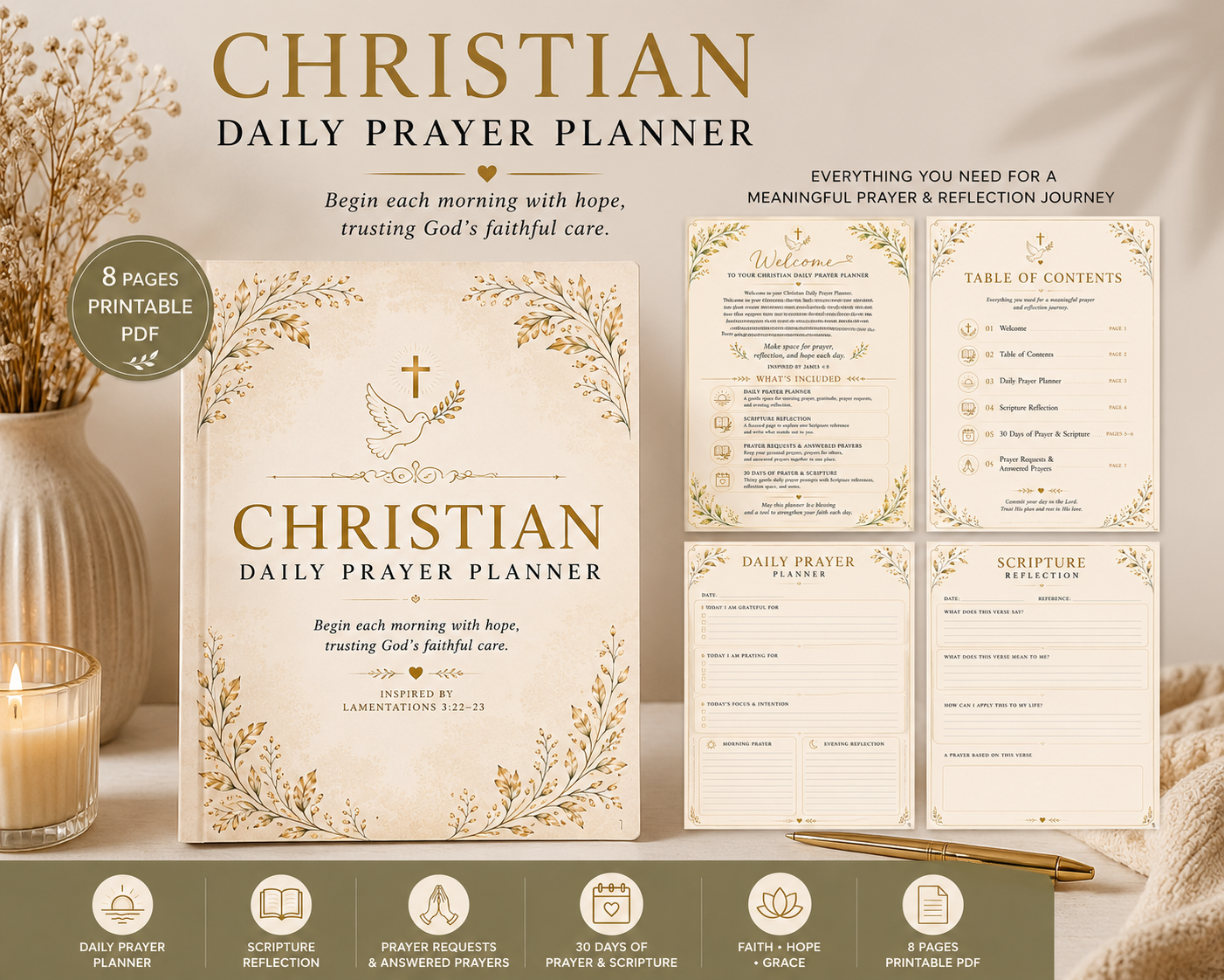 Christian Daily Prayer Planner printable with 8 faith-based journal pages and cream gold botanical design