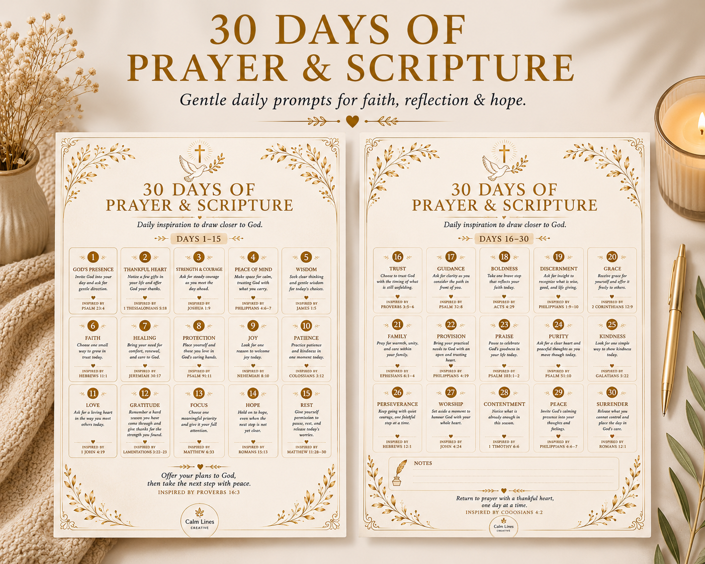 30 Days of Prayer and Scripture printable tracker pages from the Christian Daily Prayer Planner