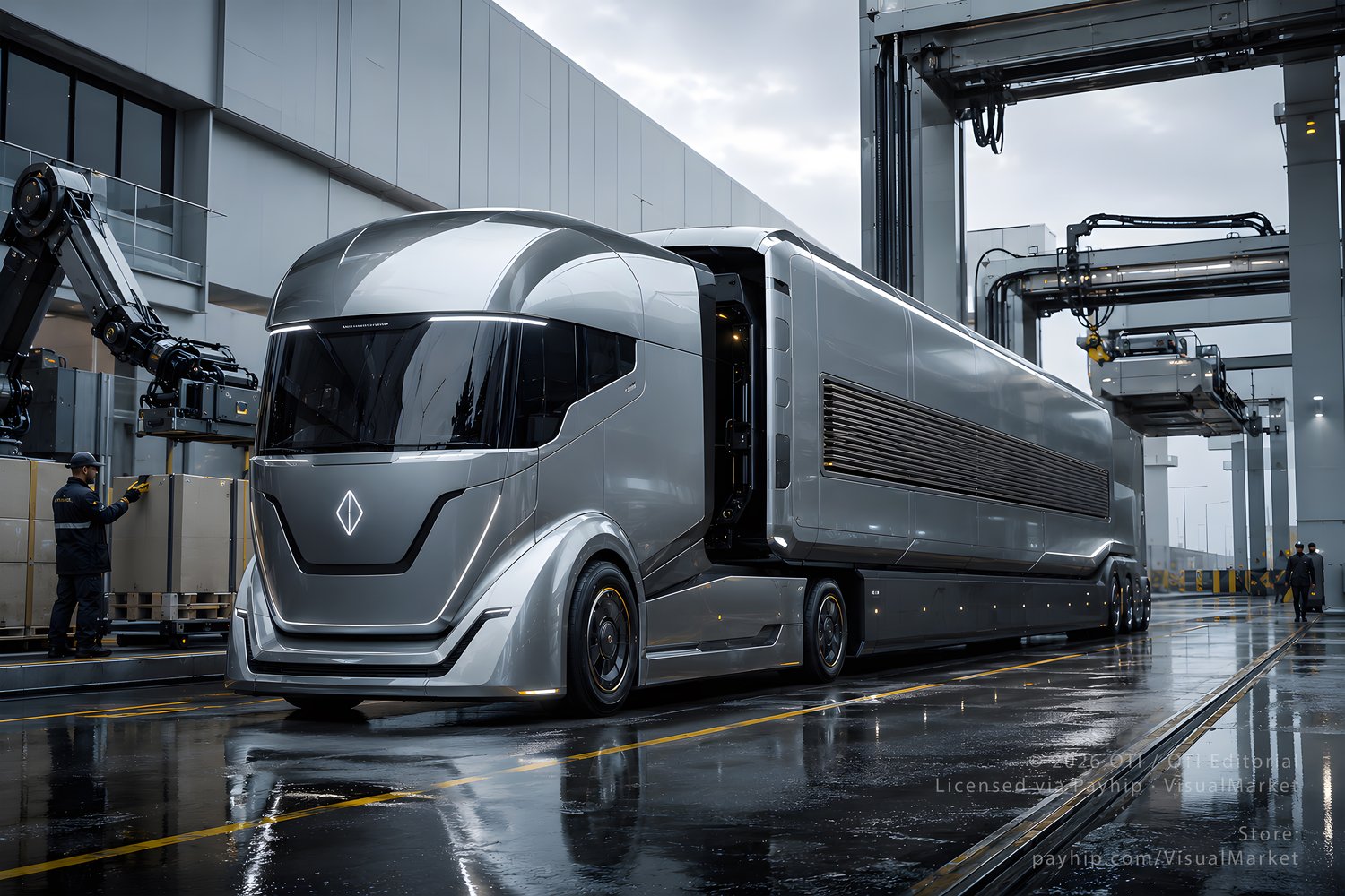 High-resolution futuristic autonomous freight truck image bundle featuring electric logistics vehicles in mountain highway, technology exhibition, and advanced industrial depot scenes.