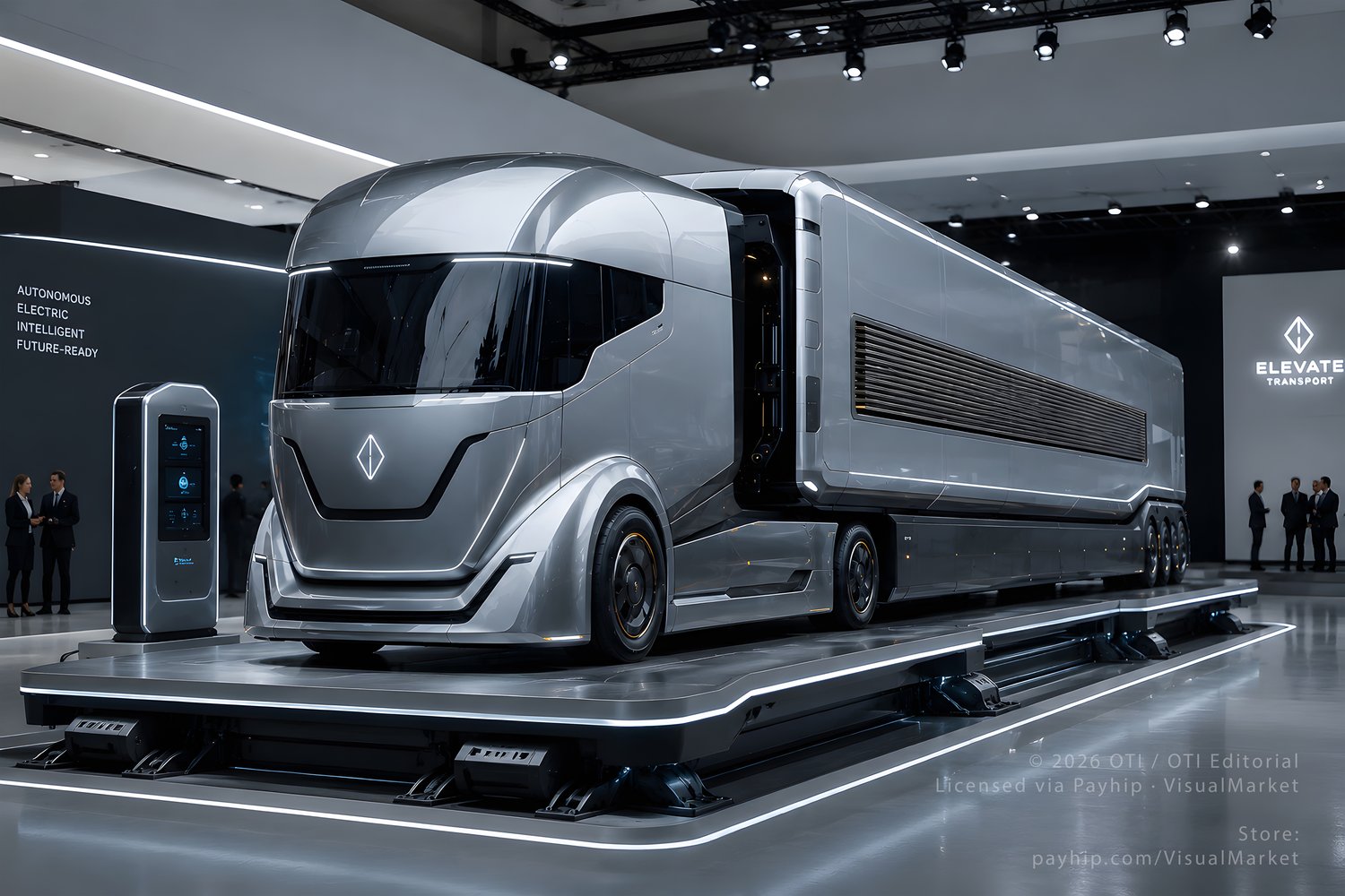 High-resolution futuristic autonomous freight truck image bundle featuring electric logistics vehicles in mountain highway, technology exhibition, and advanced industrial depot scenes.