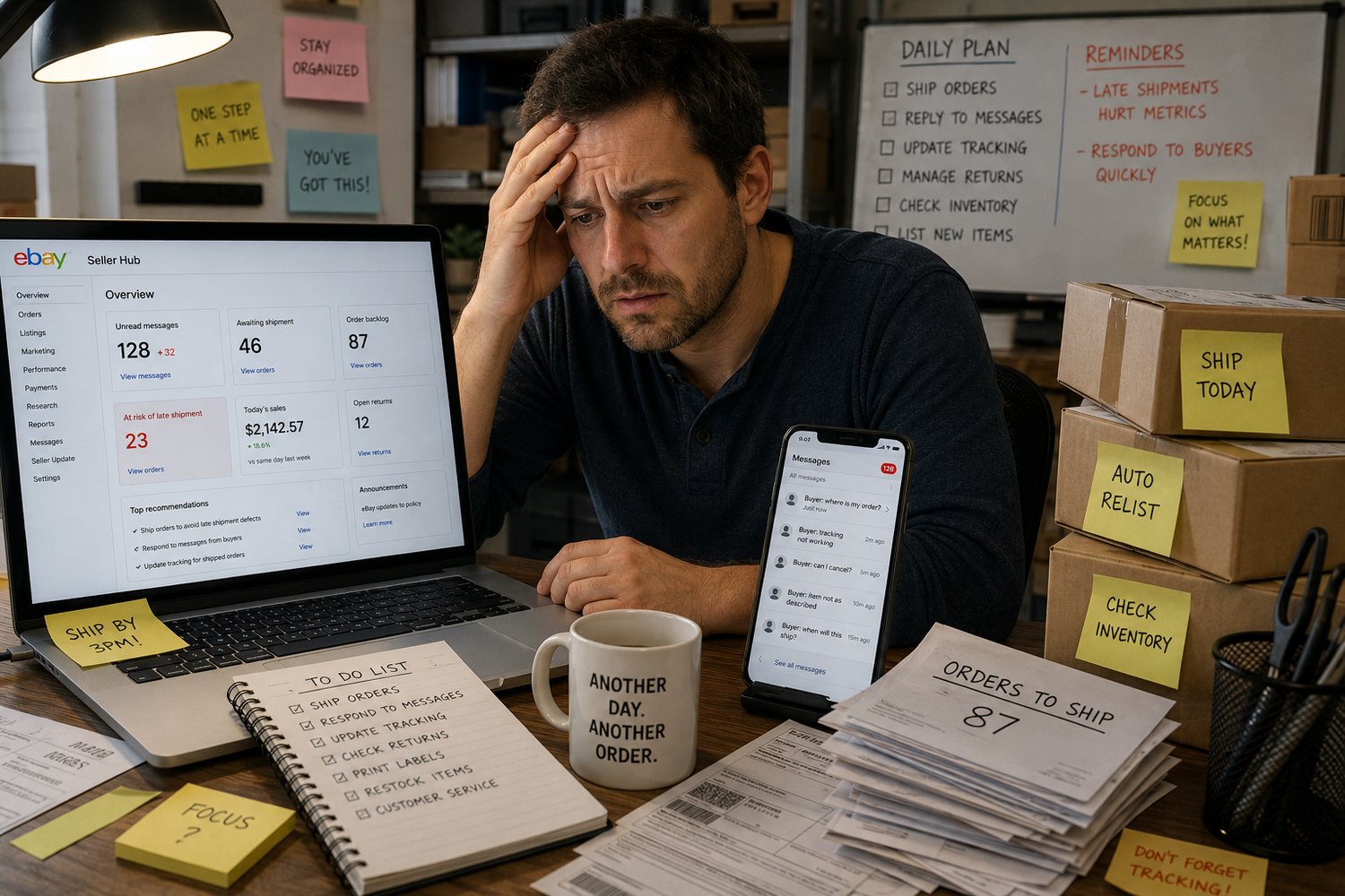 overwhelmed eBay seller managing order backlog and buyer messages