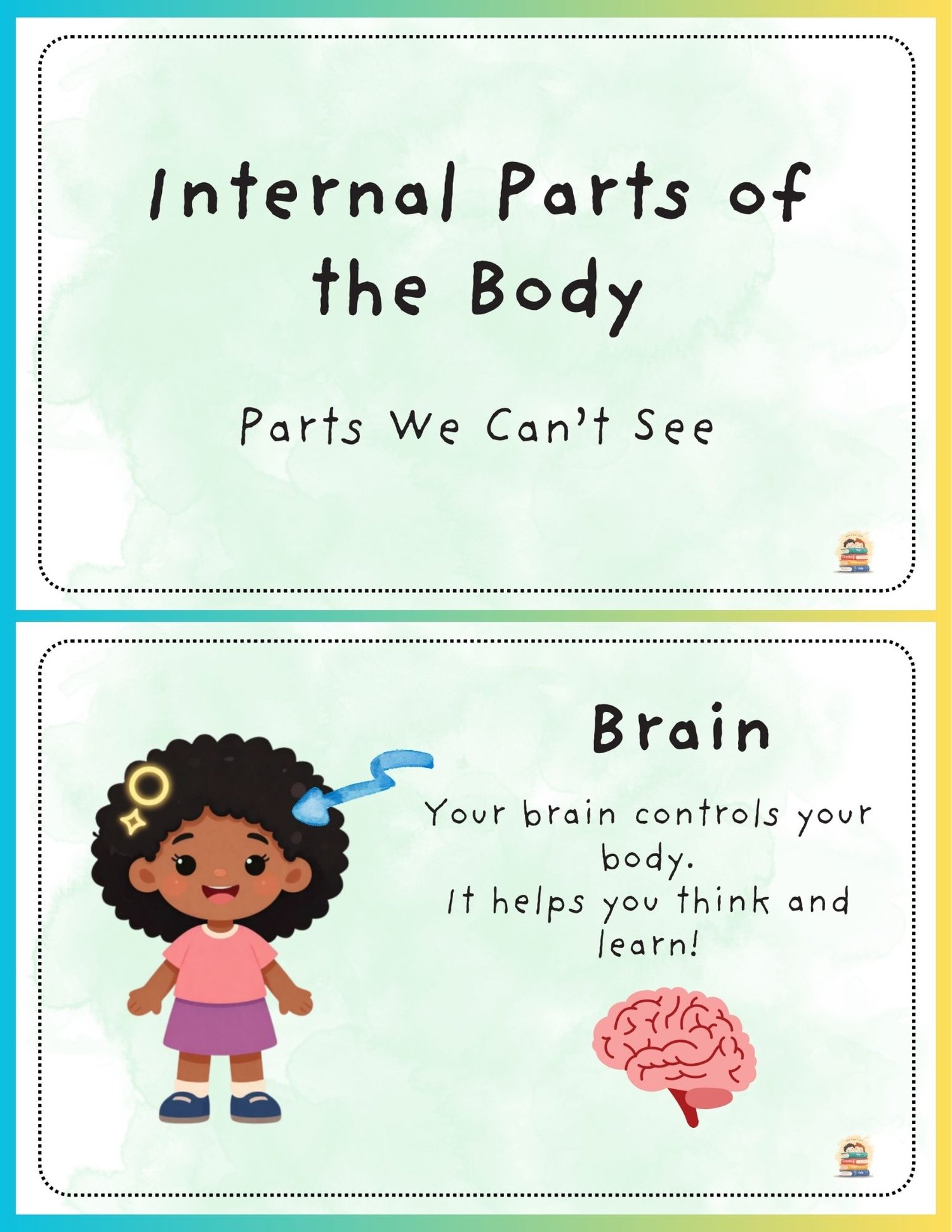 Printable internal body parts flashcards featuring labeled organ illustrations with simple explanations of each organs function for young learners.