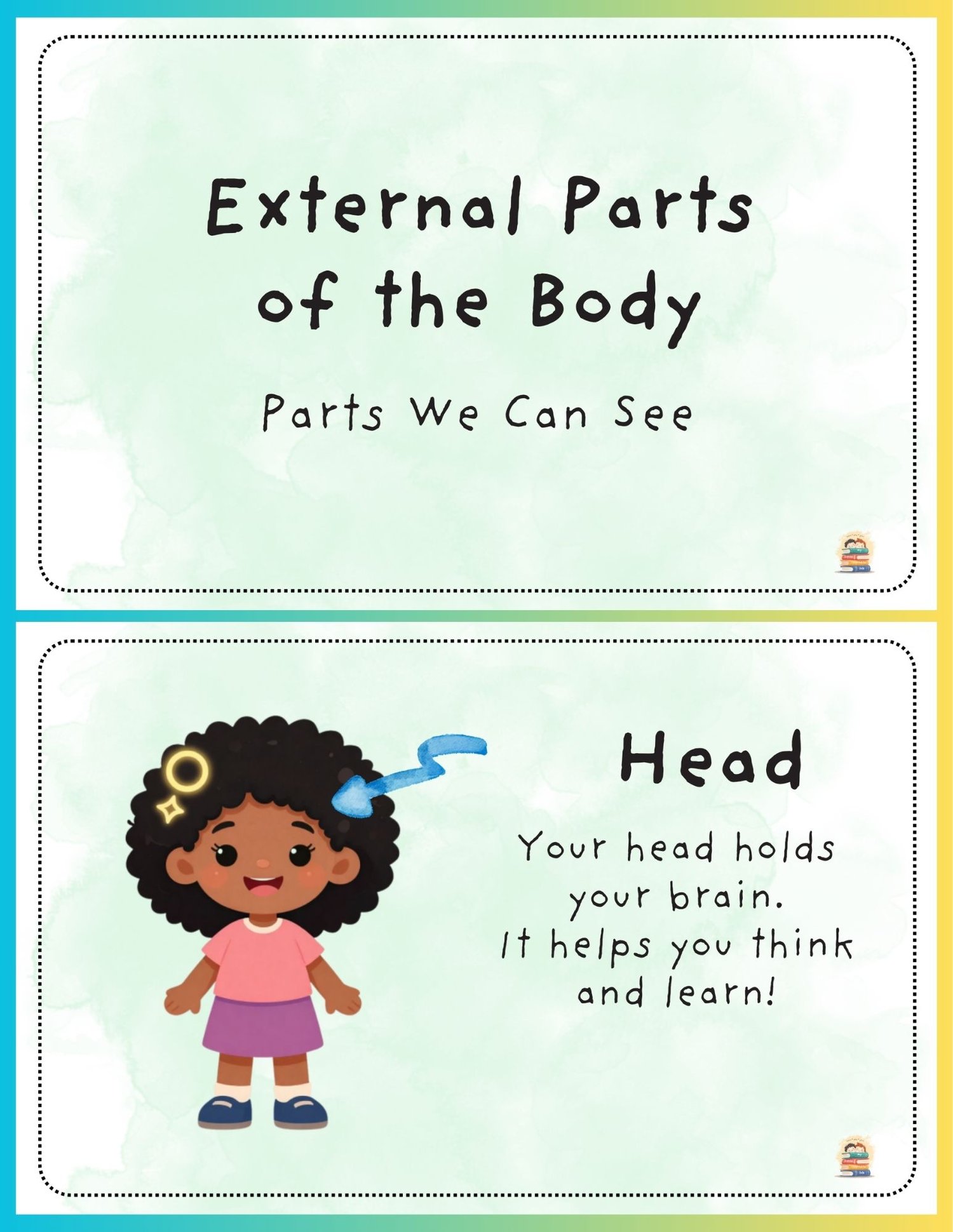 Printable external body parts flashcards showing children pointing to body parts with labels and simple explanations of each bodys function.