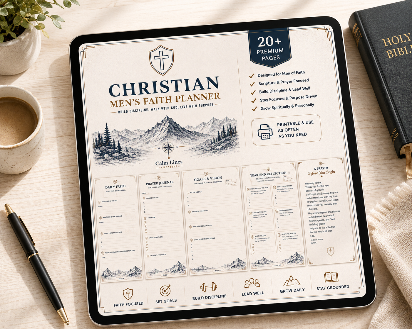 Christian Men's Faith Planner digital PDF shown on tablet with daily and weekly pages