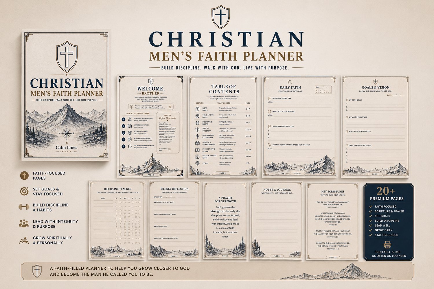Christian Men's Faith Planner 22-page printable daily weekly monthly and faith reflection pages