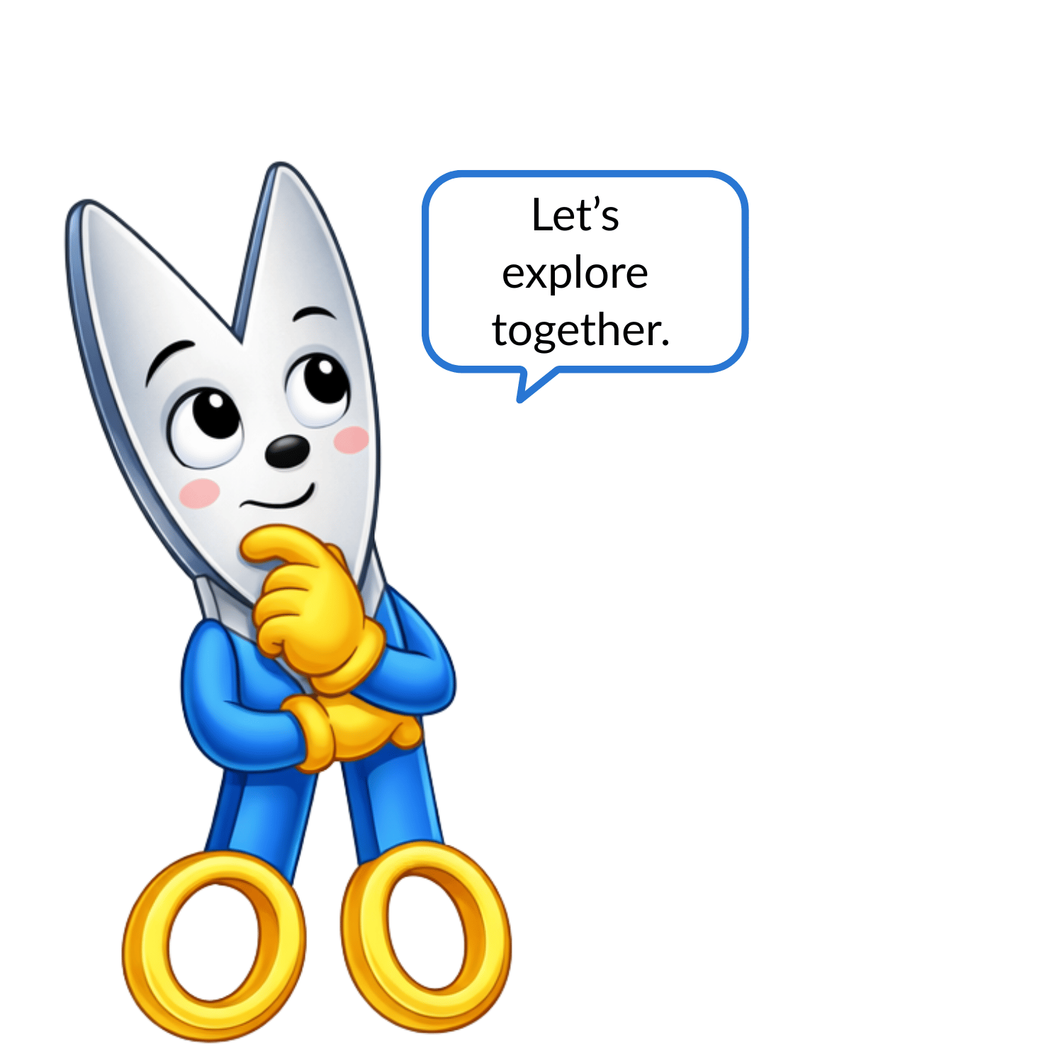 Sammy, the friendly Helper Path Studio guide, smiling thoughtfully with a speech bubble that says, "Let's Explore Together."