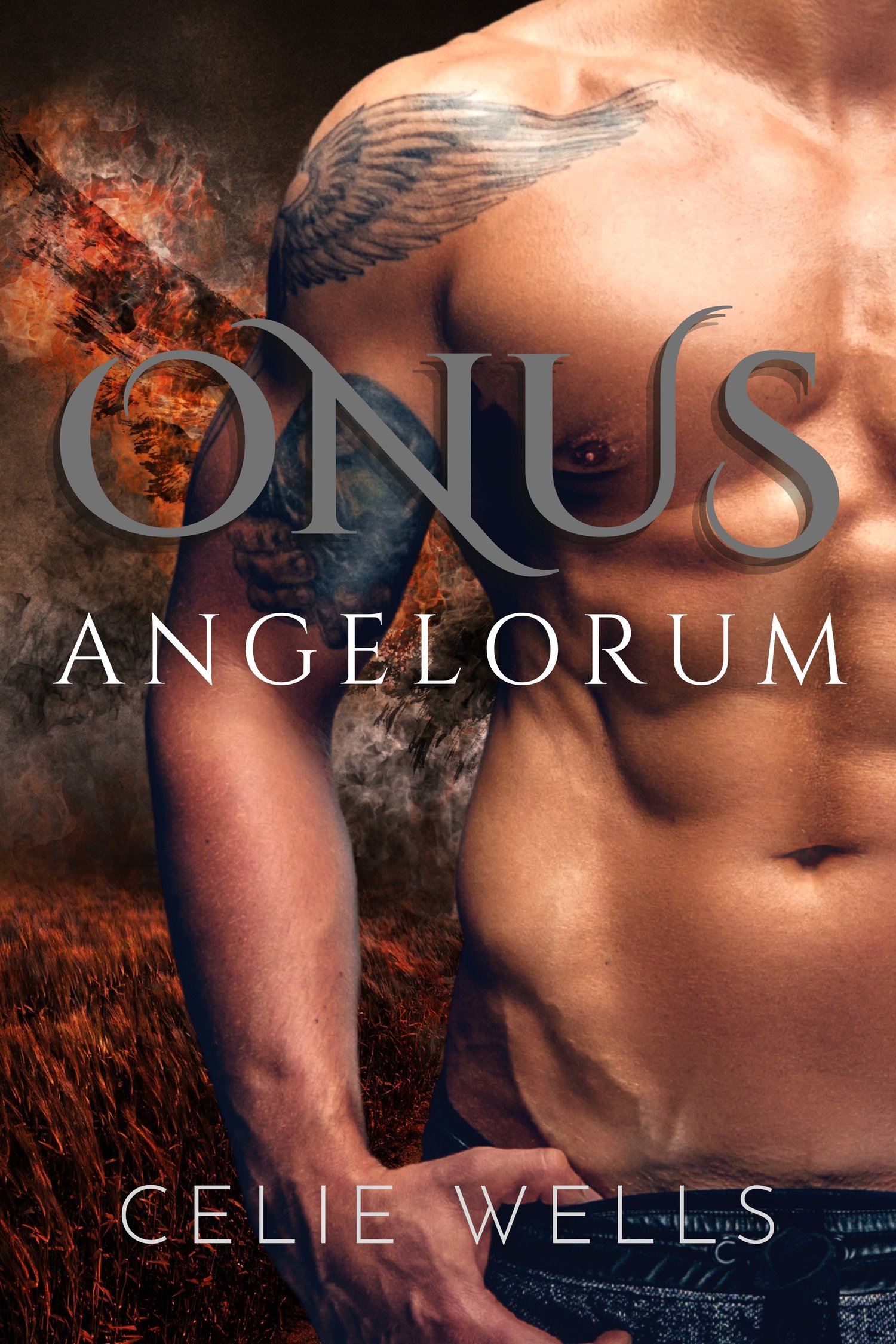 Onus Angelorum Cover, male torso with tattoo of wings in front of a burning field, dark and dangerous.