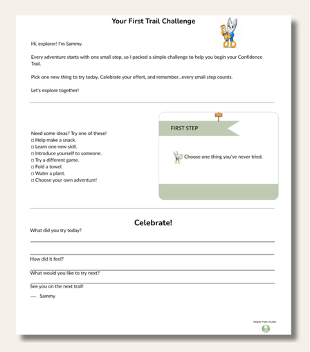 Preview of the Confidence Trail First Trail Challenge printable, a free confidence-building activity that encourages kids to try new things and celebrate their progress.