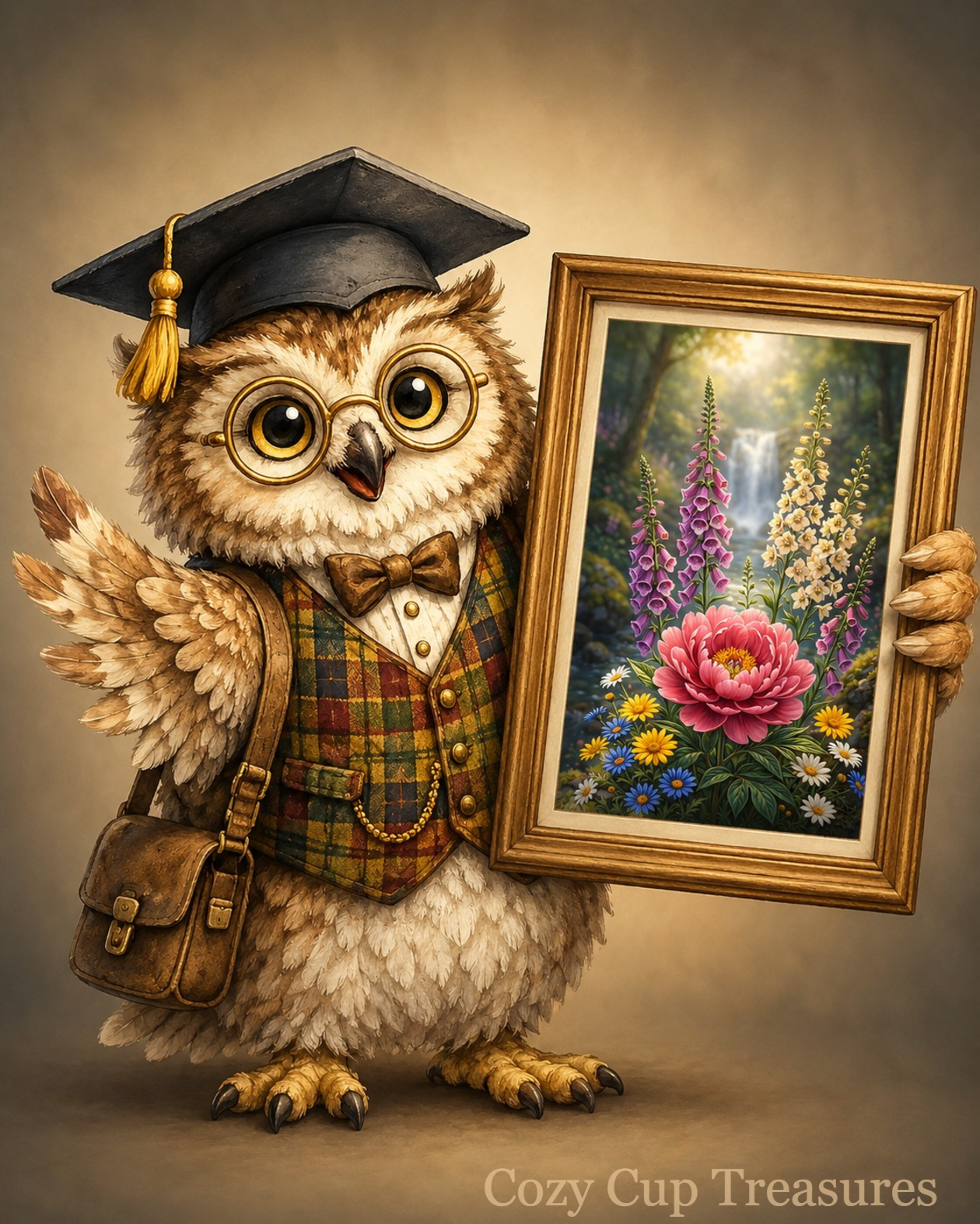 Professor Hootsworth, the Cozy Cup Treasures owl mascot, pointing with a wooden pointer in a whimsical watercolor illustration.