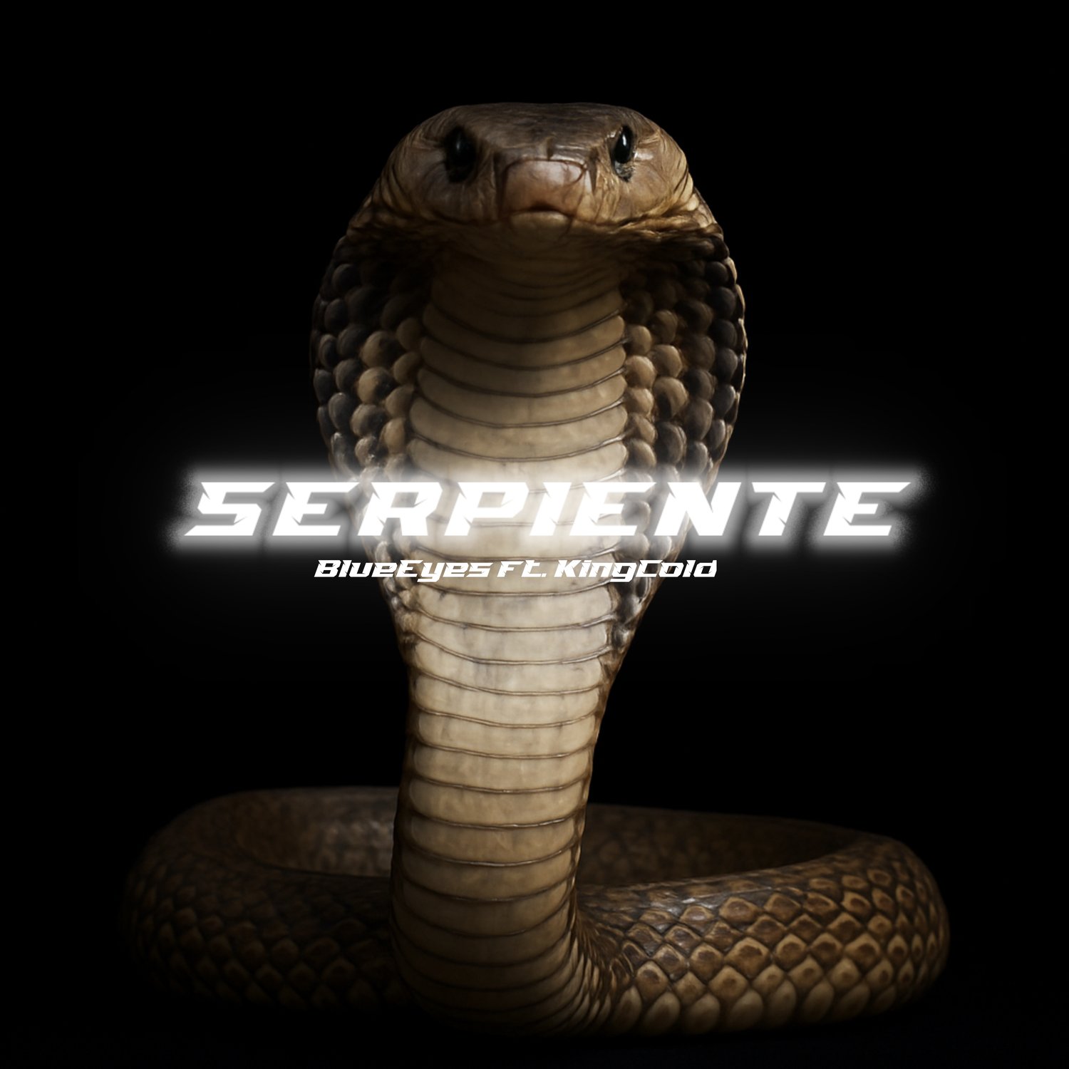 una cobra de fondo con el texto "serpiente blue eyes x king cold" haciendo referencia al tema "serpiente" que estrena oficialmente el productor español con el artista venezolano