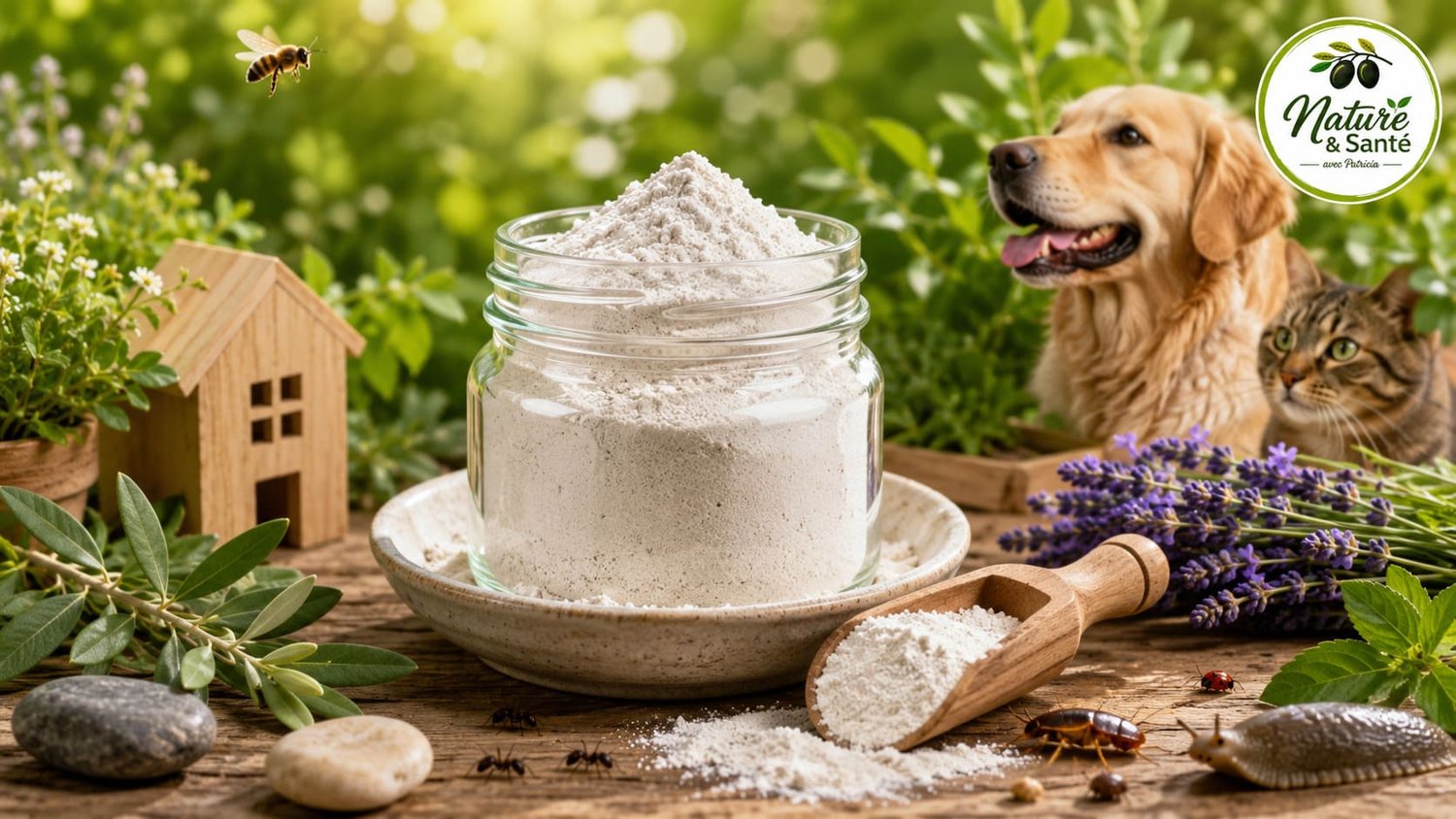 Pot en verre rempli de terre de diatomée alimentaire entouré d'éléments naturels illustrant ses nombreux usages pour la maison, le jardin et les animaux.
