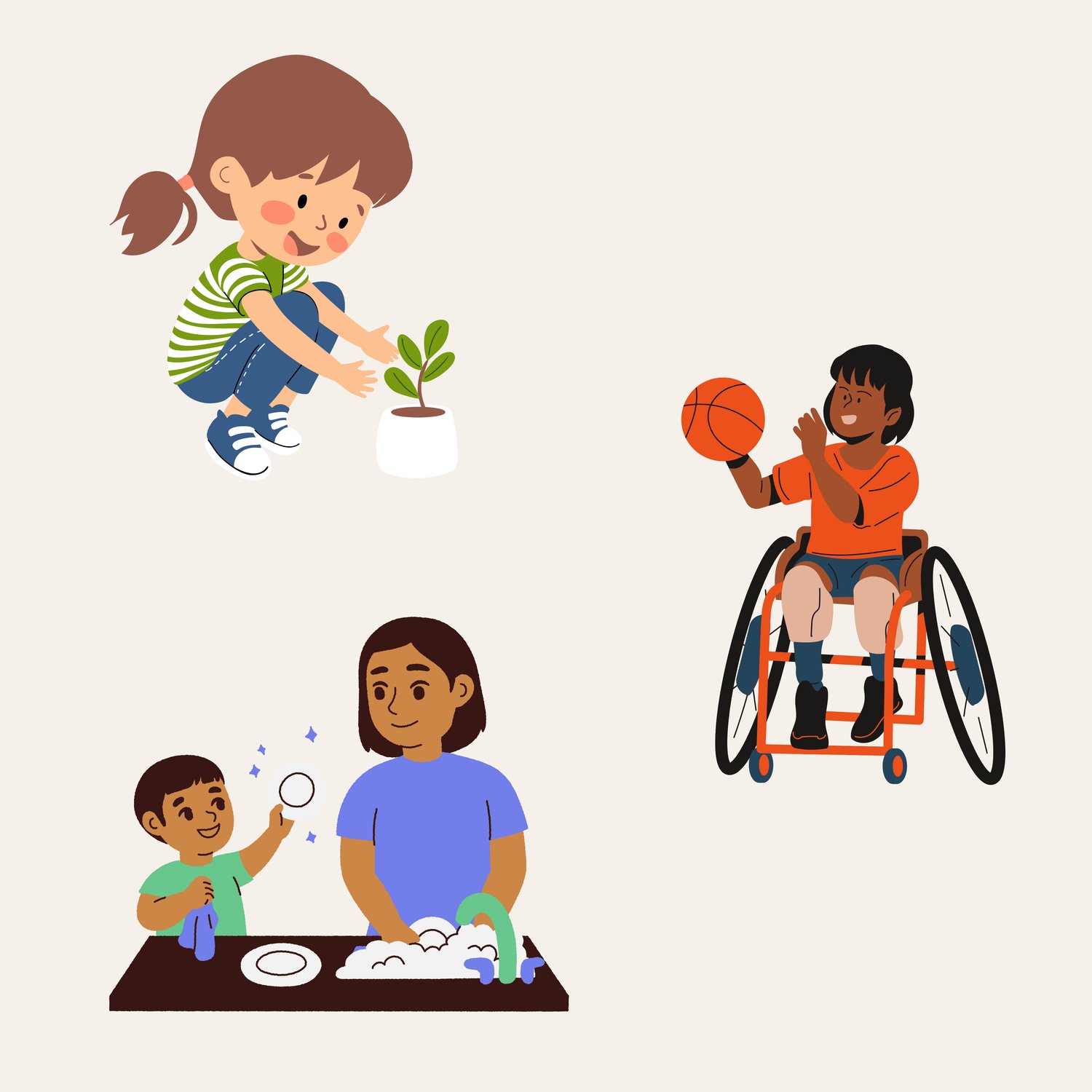 Illustration of three kids exploring together outdoors, representing confidence-building activities, trying new things, and learning through everyday adventures.