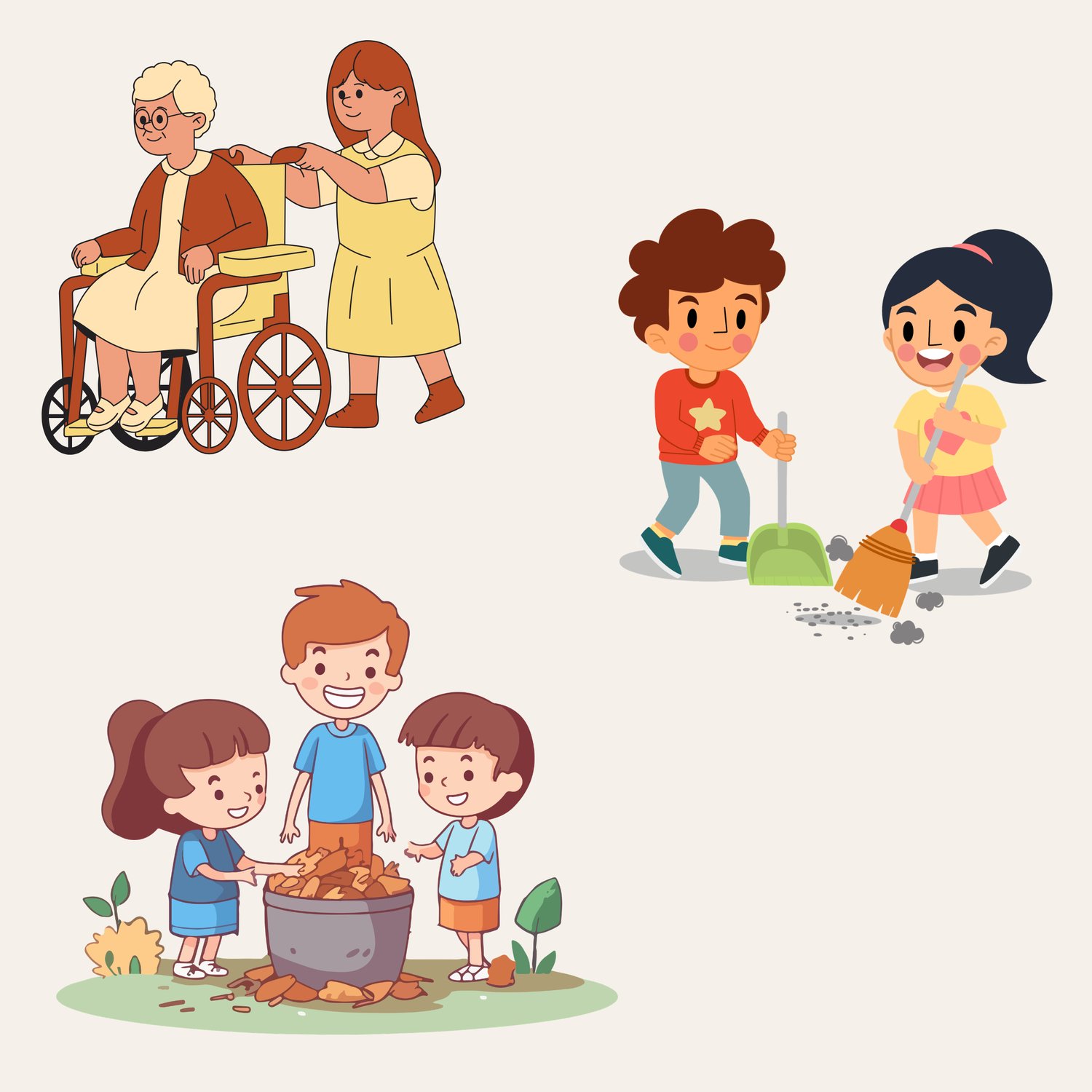 Illustration of kids helping at home and in their community through teamwork, kindness, and everyday participation activities.