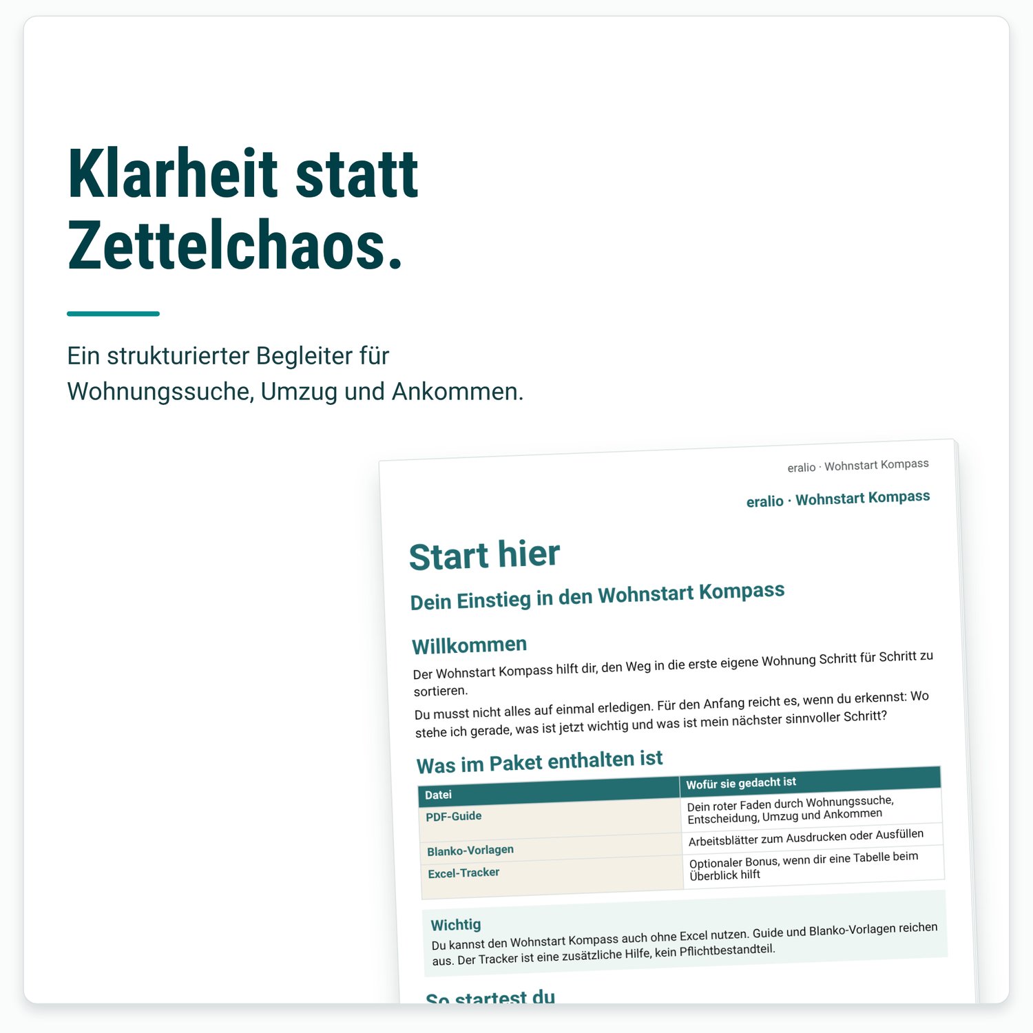 Start-hier-PDF des Wohnstart Kompass mit dem Hinweis Klarheit statt Zettelchaos für Wohnungssuche, Umzug und Ankommen.