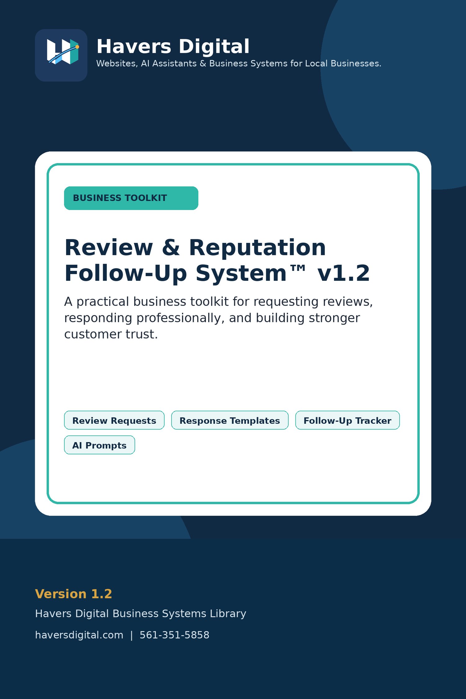 Havers Digital Review and Reputation Follow-Up System digital toolkit cover with review request templates, response templates, workbook, AI prompts, and 30-day plan.