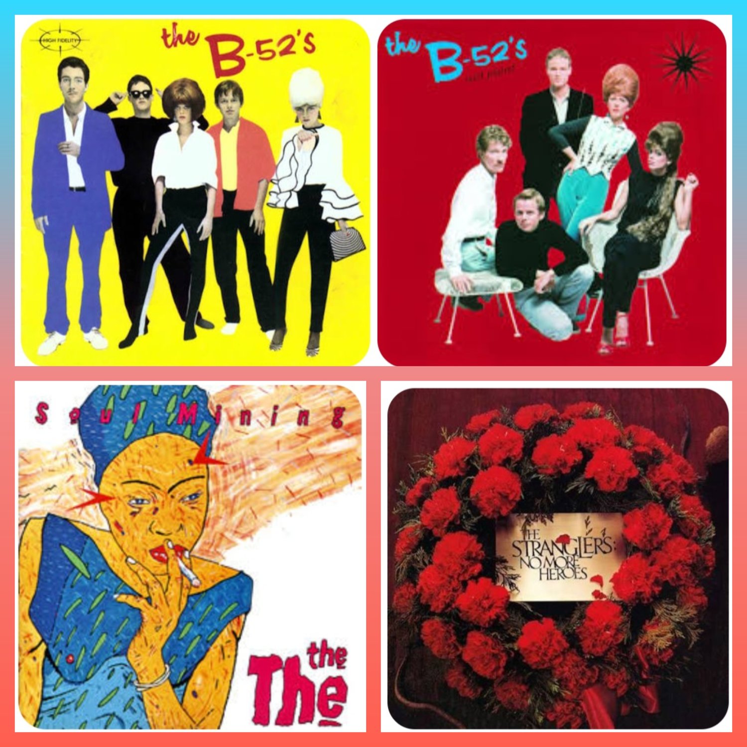 a grid of 4 album covers of 80s bands: two from the B52s, one each from The The and The Stranglers