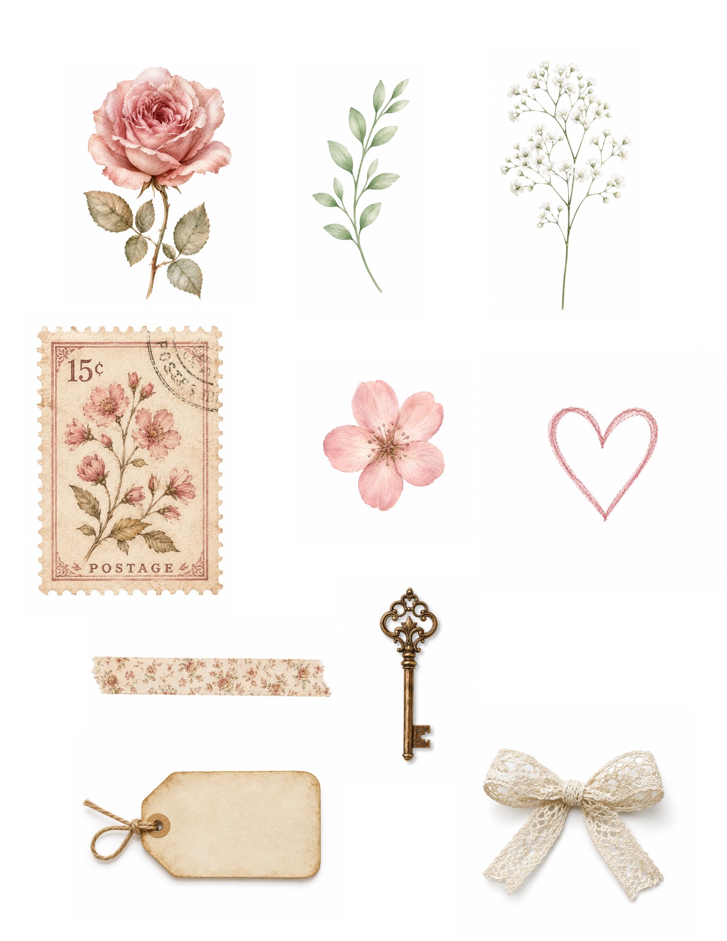Vintage Rose & Sage clipart elements with rose, botanical sprigs, postage stamp, key, bow and gift tag